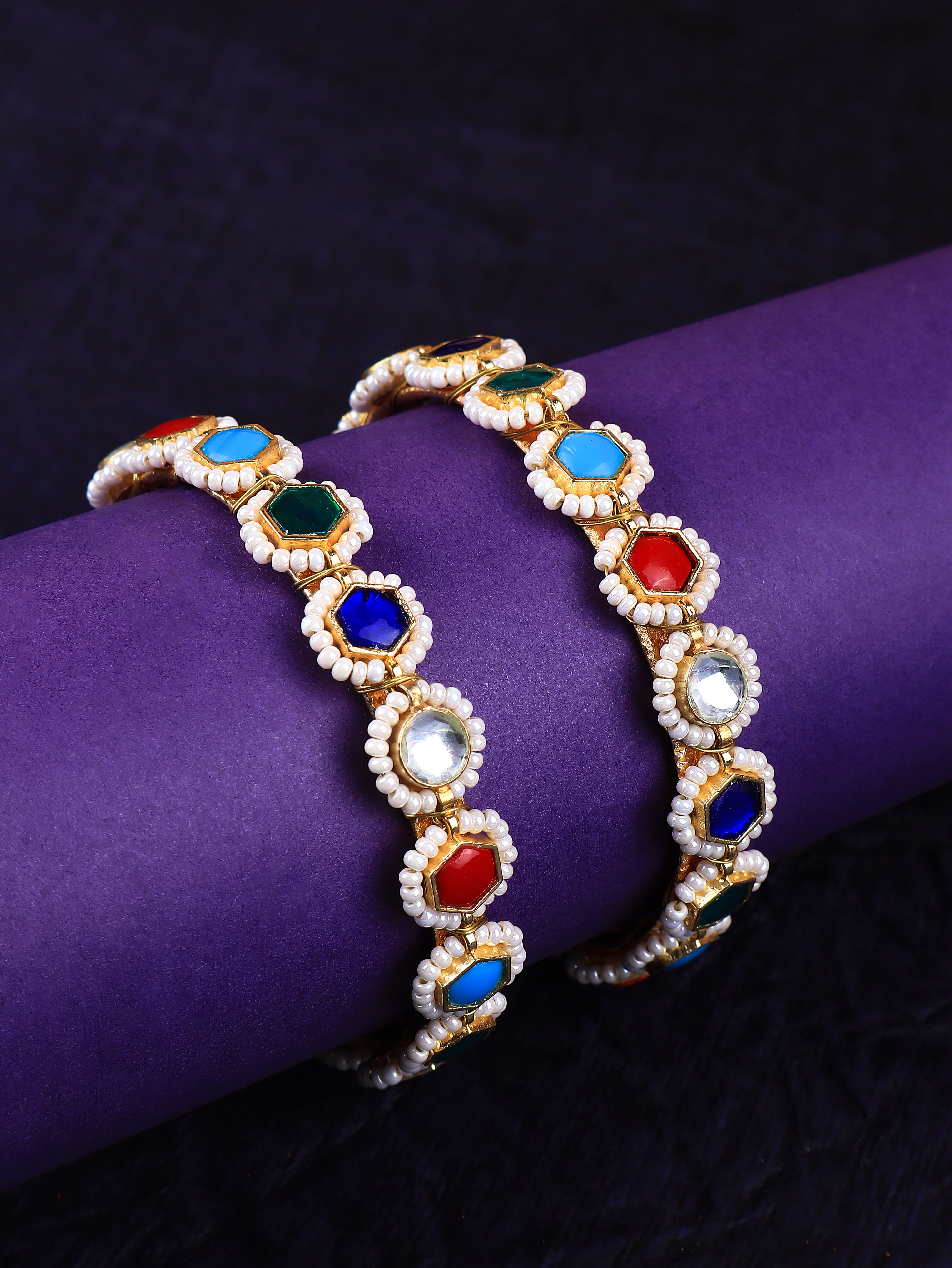 Gold Finish Kundan  Polki & Small Pearl Openabal Bangle 4