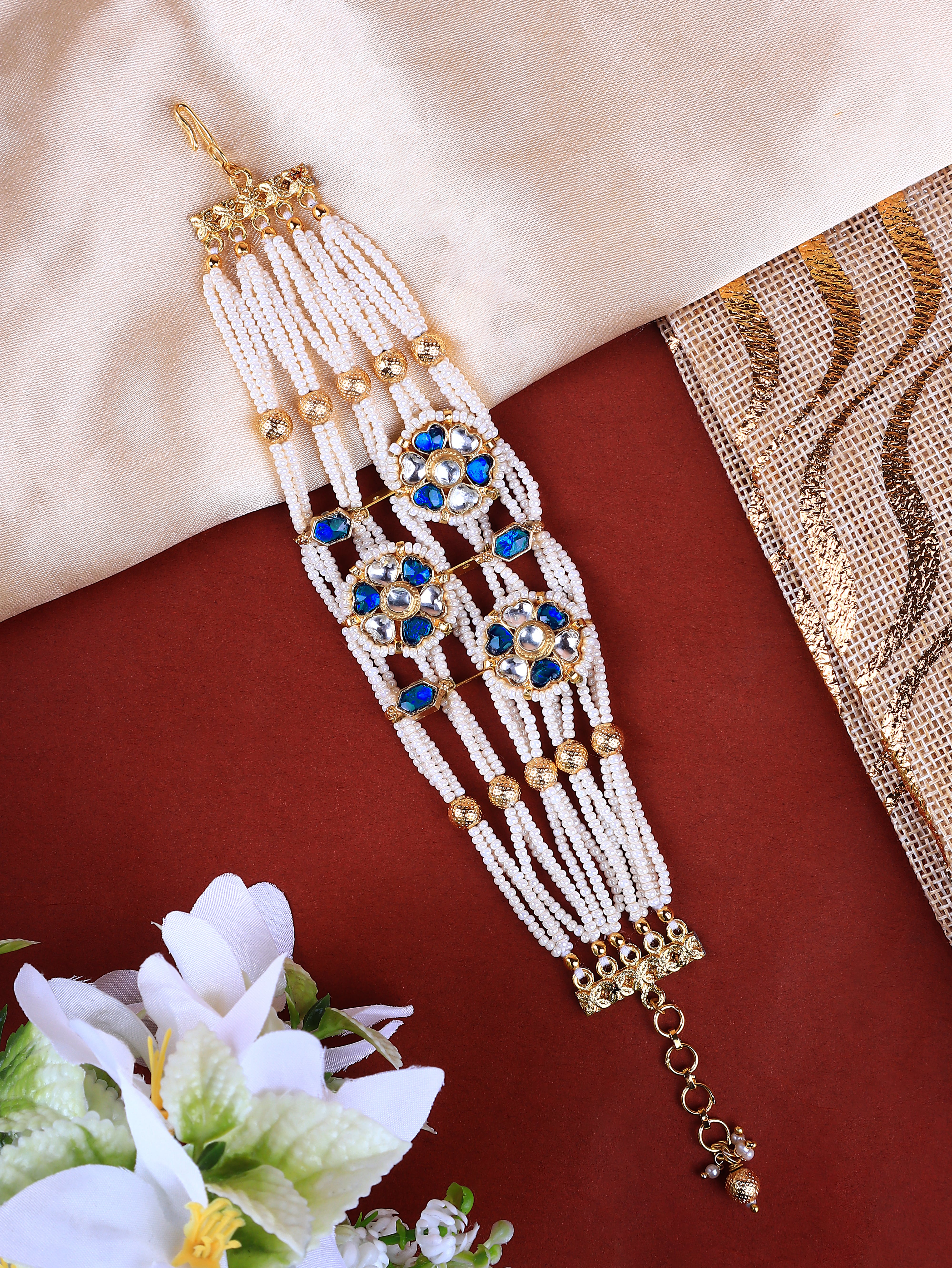 Gold Finish Kundan  Polki & Pearl Adjustabla Bracelet  1