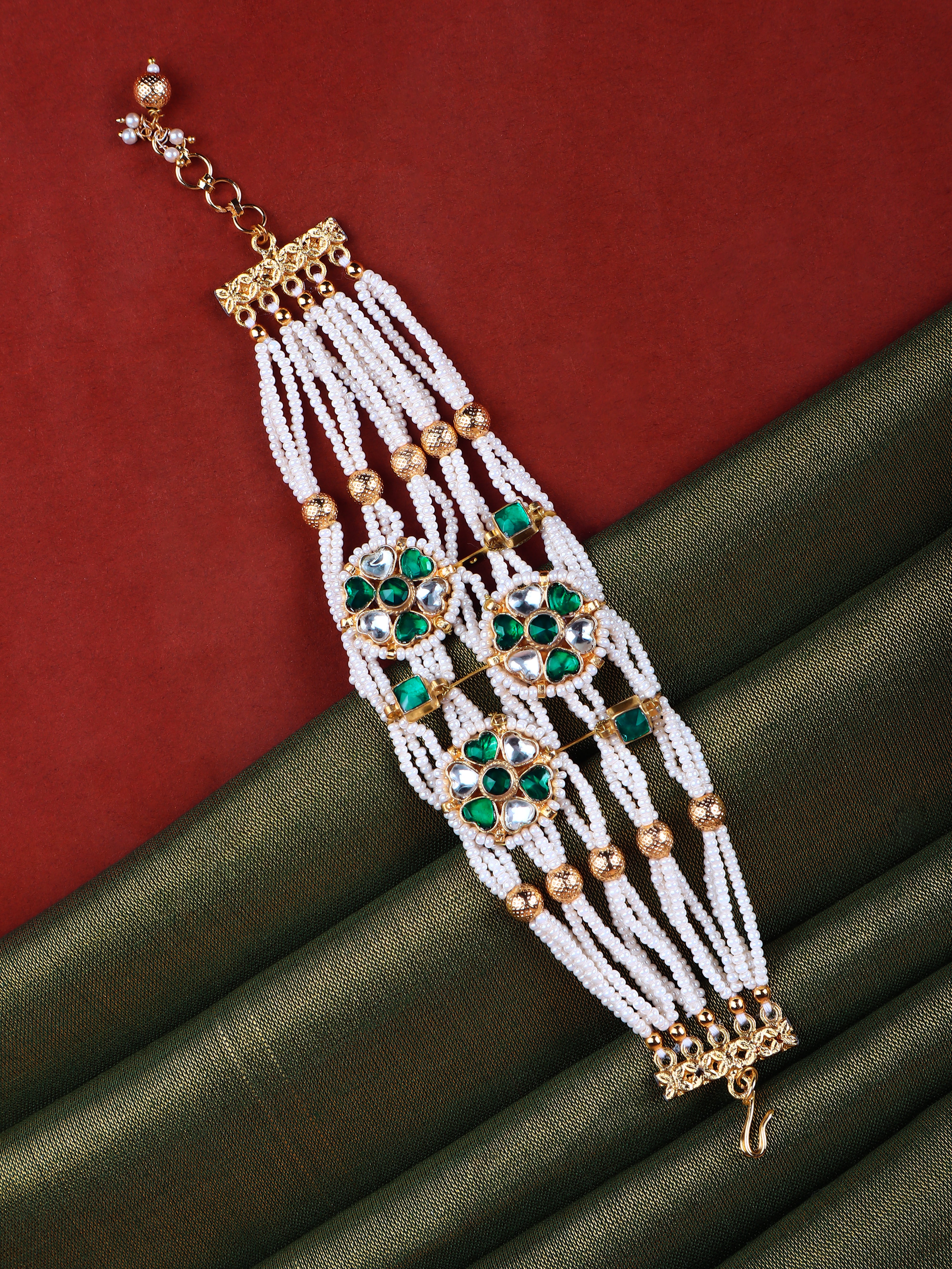 Gold Finish Kundan  Polki & Pearl Adjustabla Bracelet