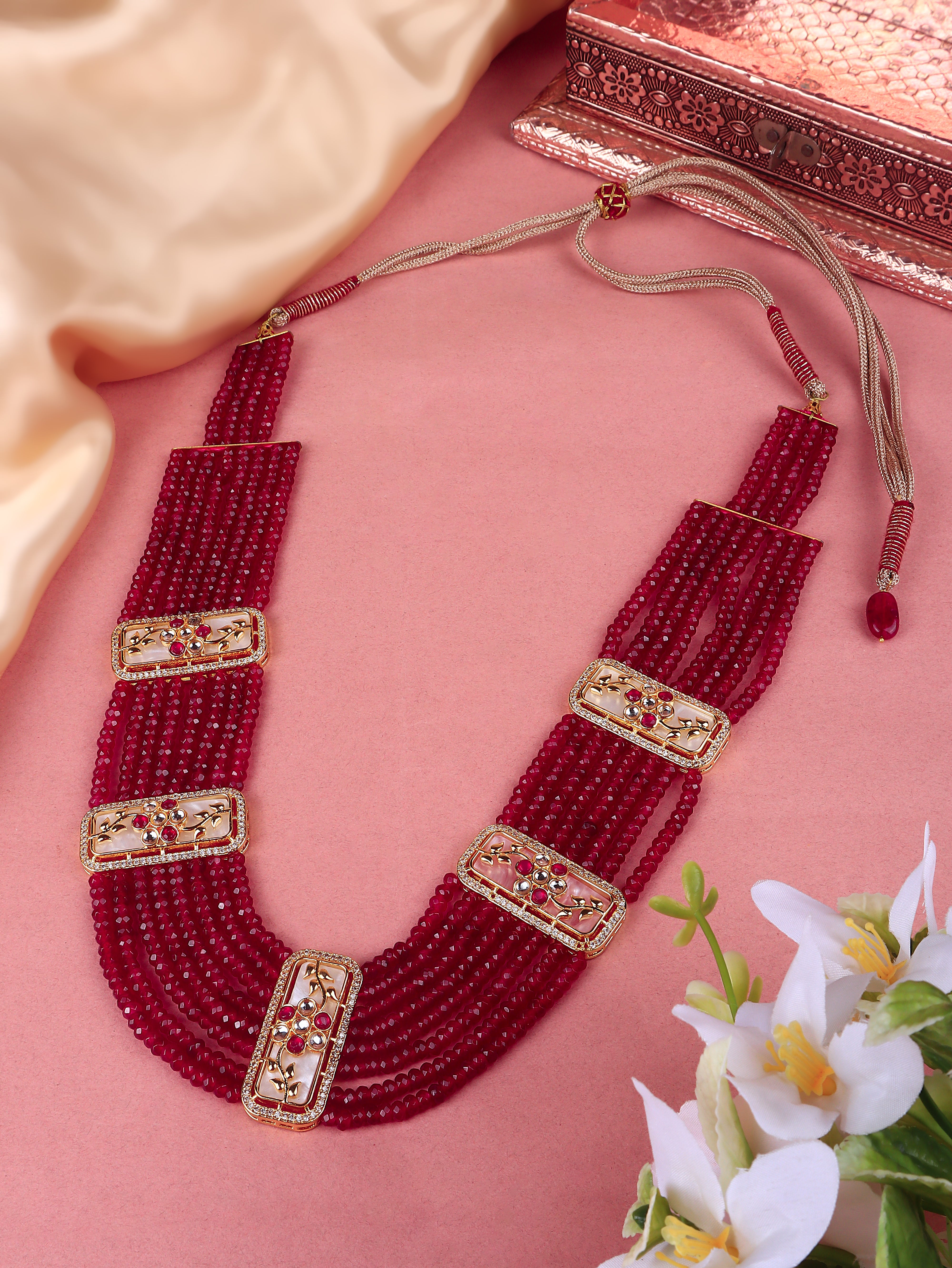 Gold Finish Kundan Polki & Semi Precious Beads Ruby Red