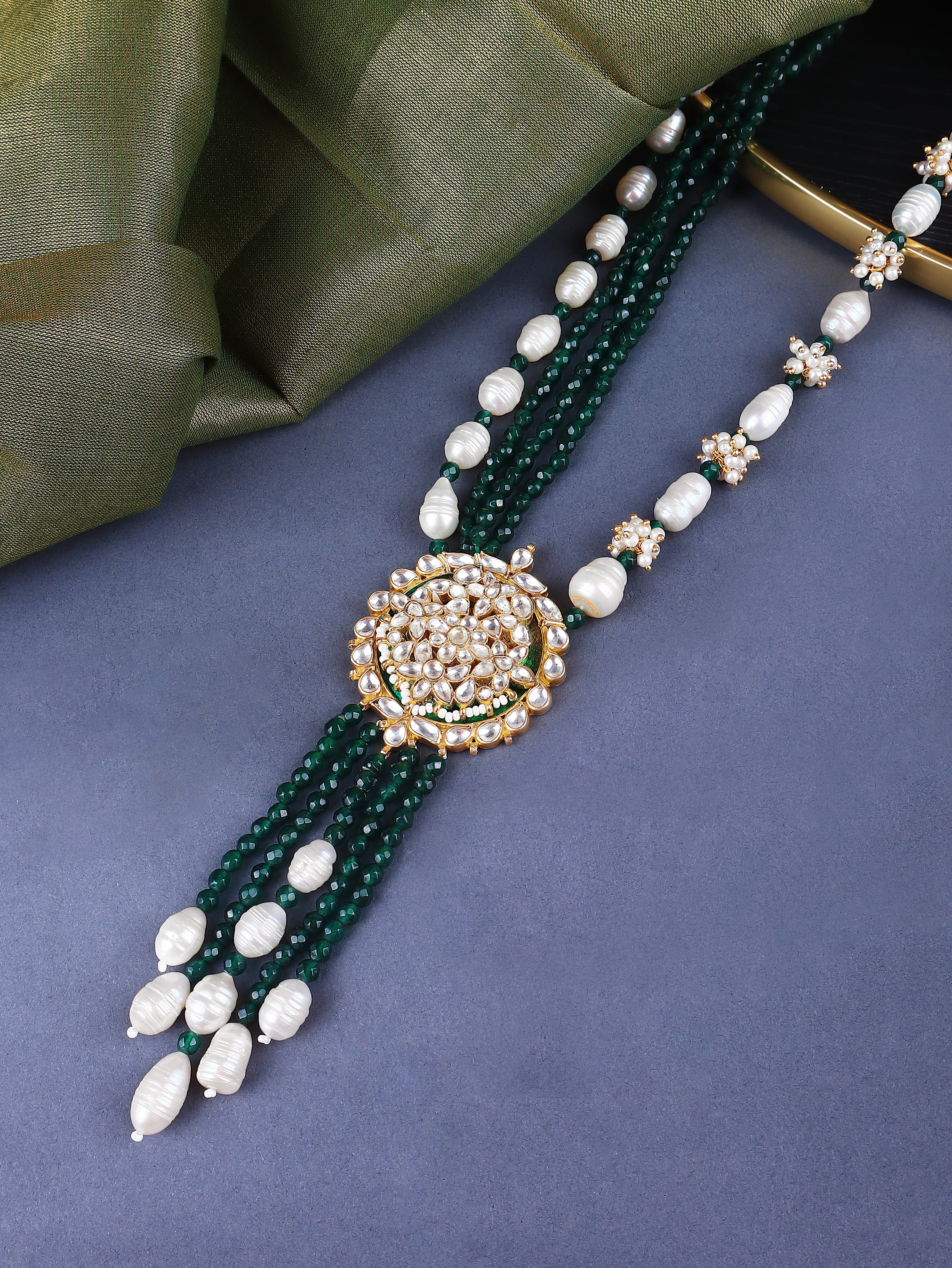 Gold Finish Kundan Polki & Semi Precious Beads Necklace