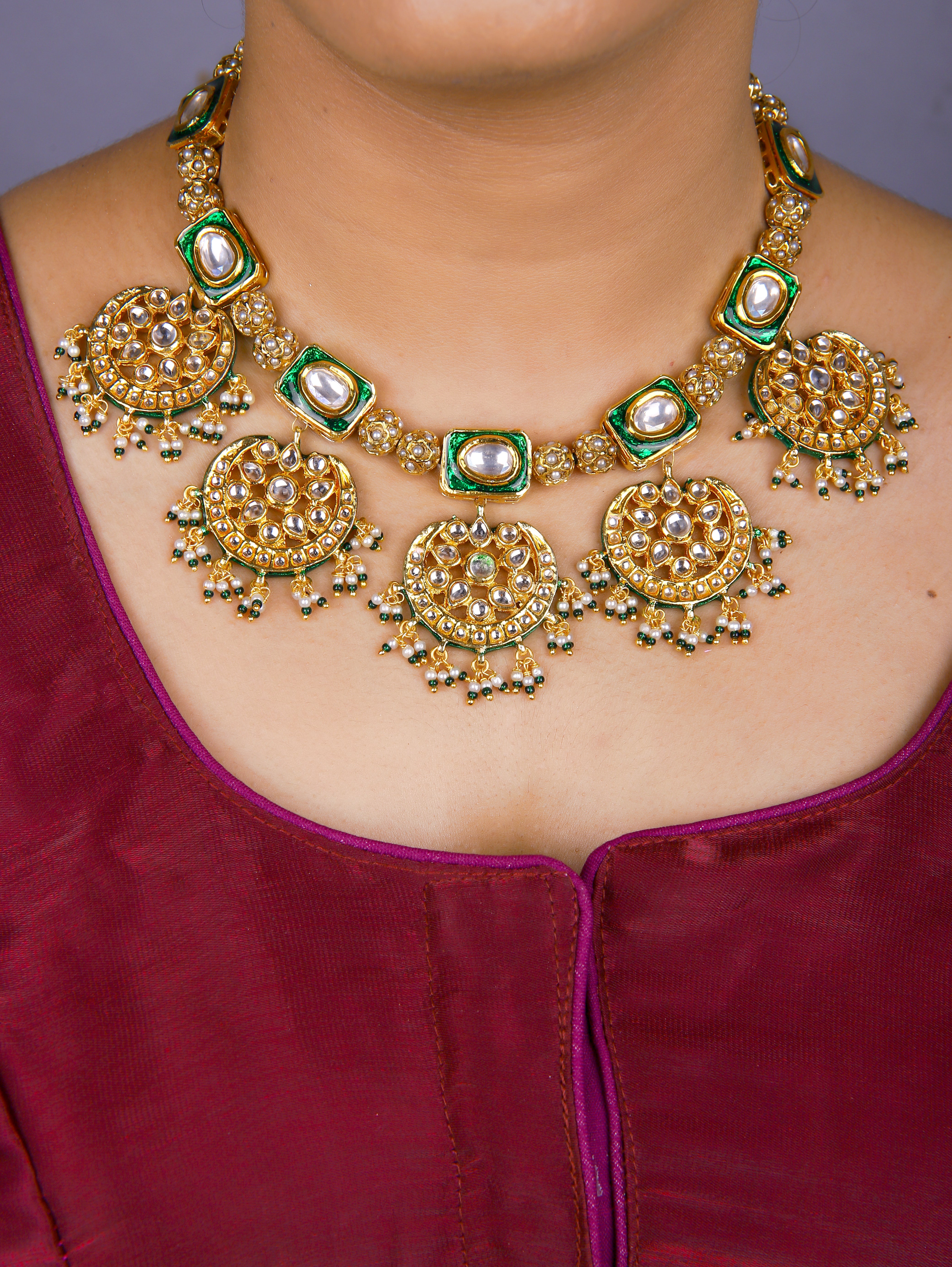 Gold Finish Kundan  Polki  Green  Meenakari Chokar Set