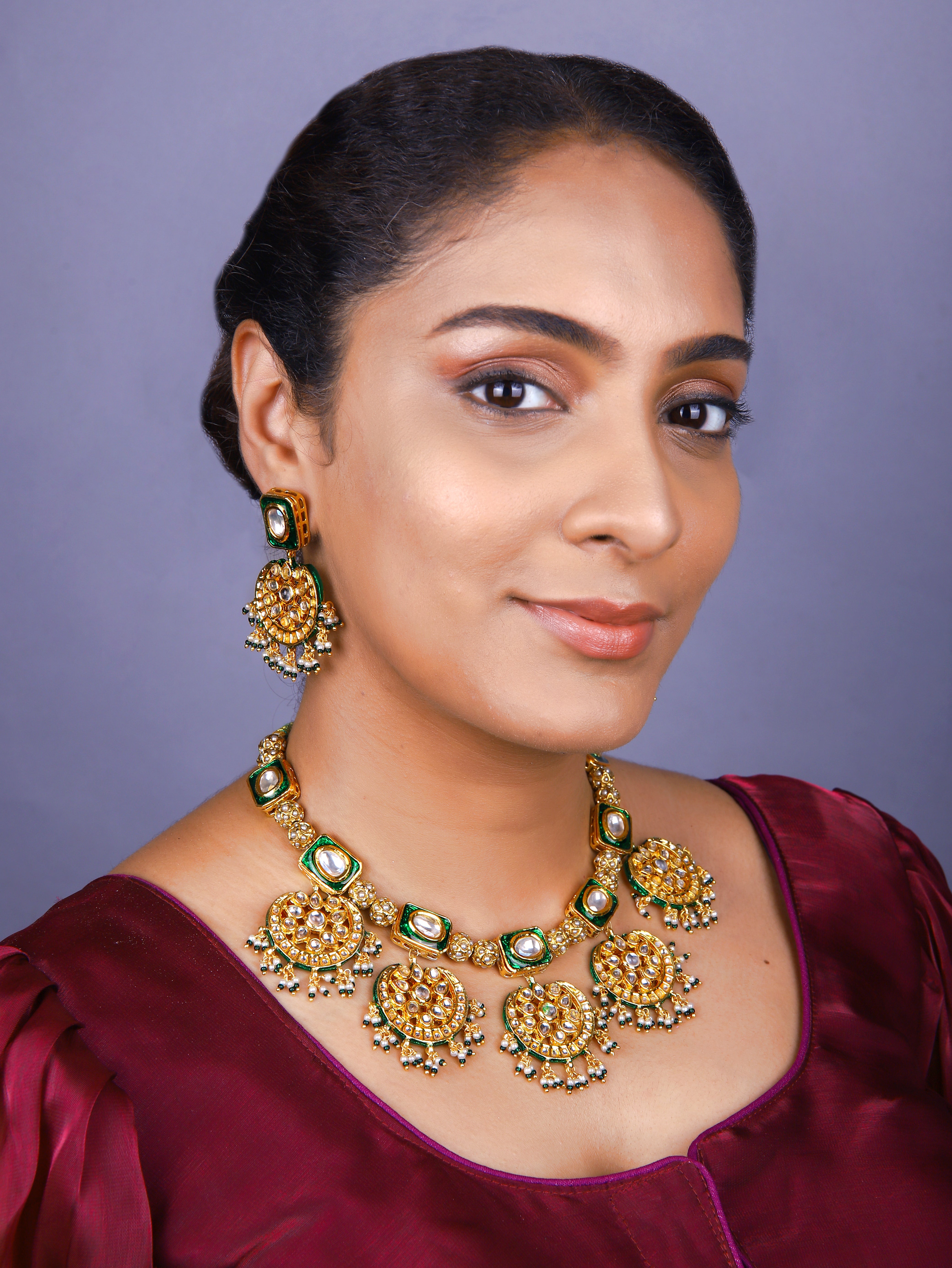 Gold Finish Kundan  Polki  Green  Meenakari Chokar Set