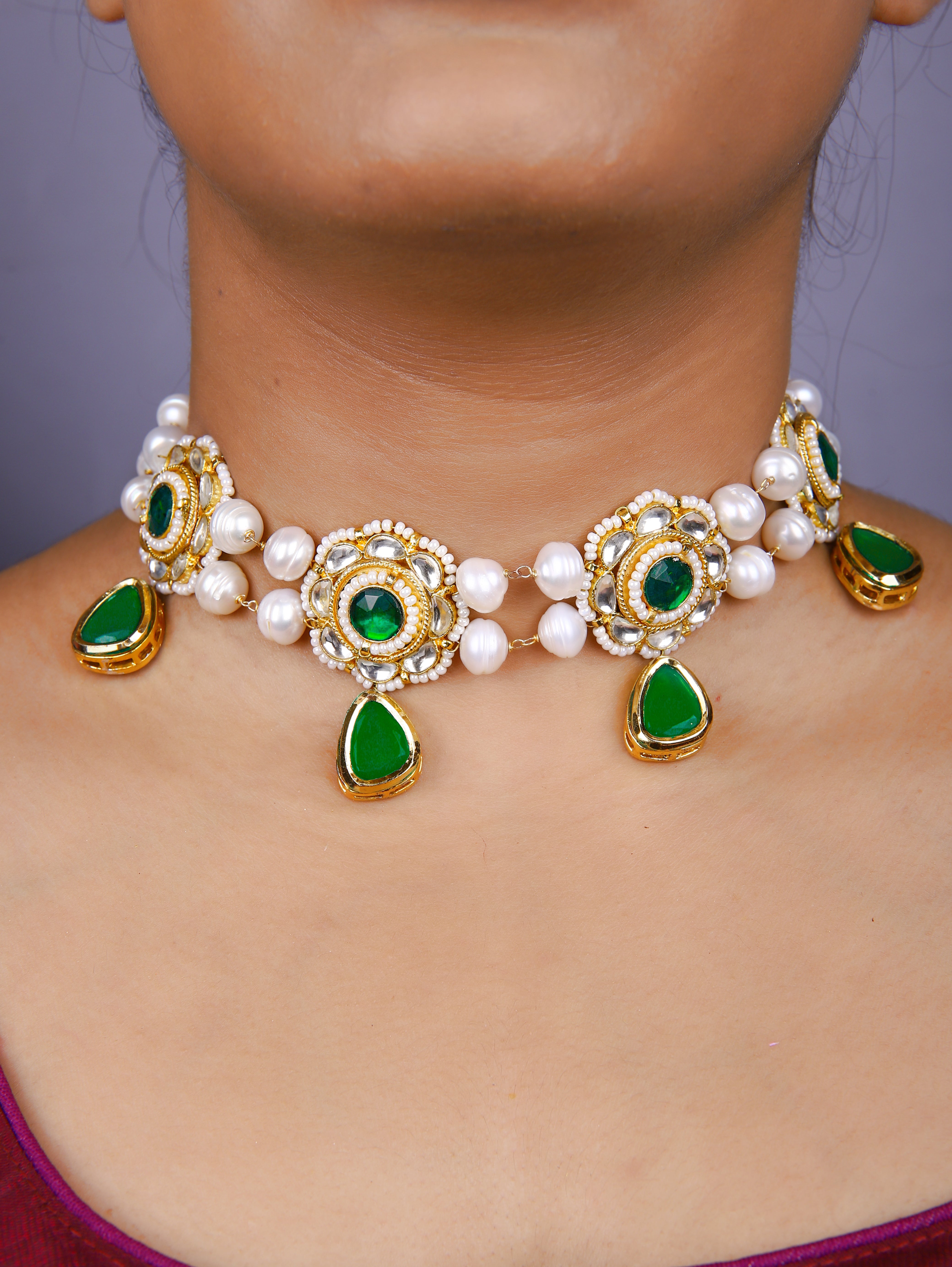 Gold Finish & Kundan Polki  Emerald  Chokar Set
