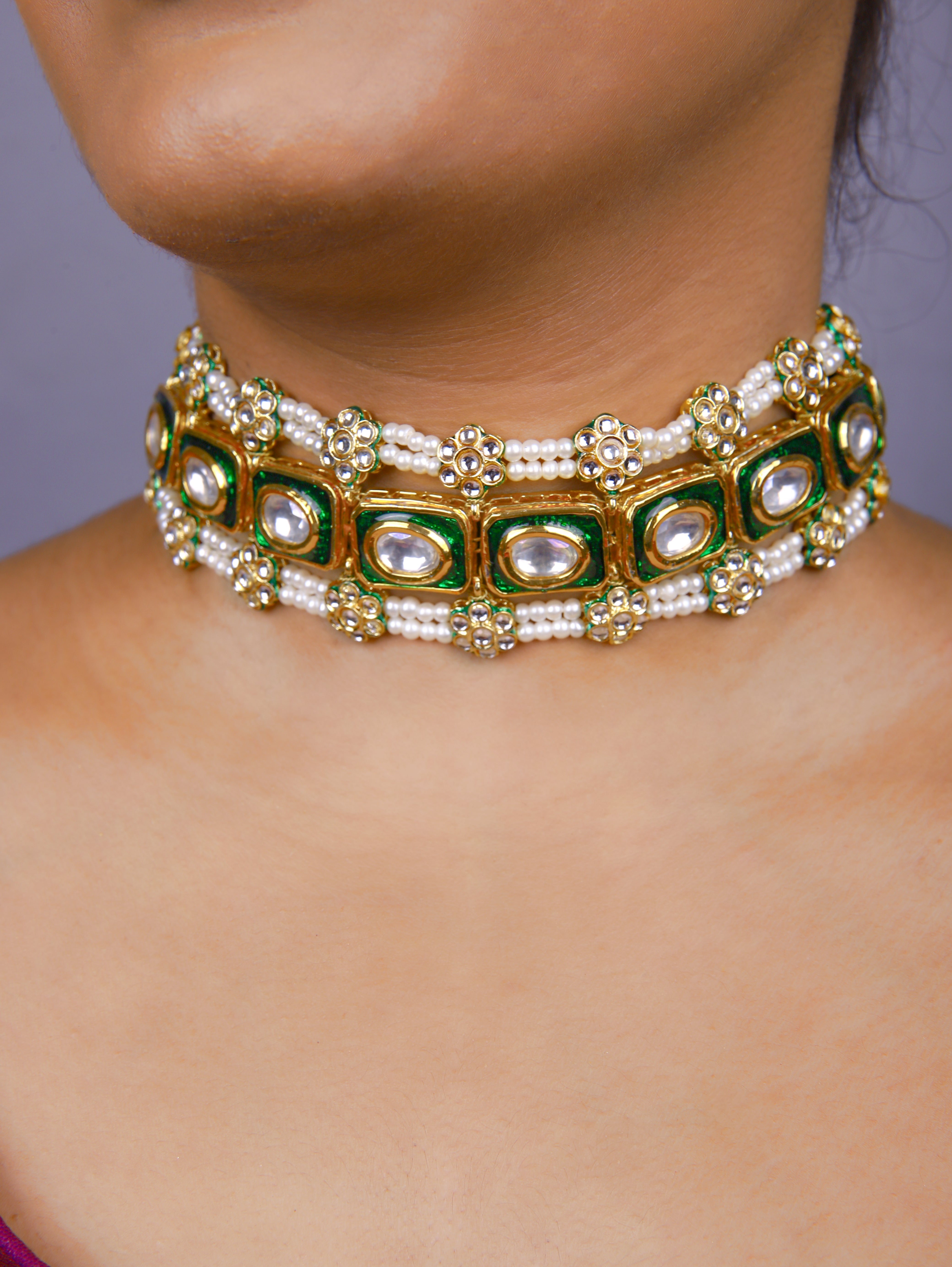 Gold Finish Green Minkari  Chokar Set  1