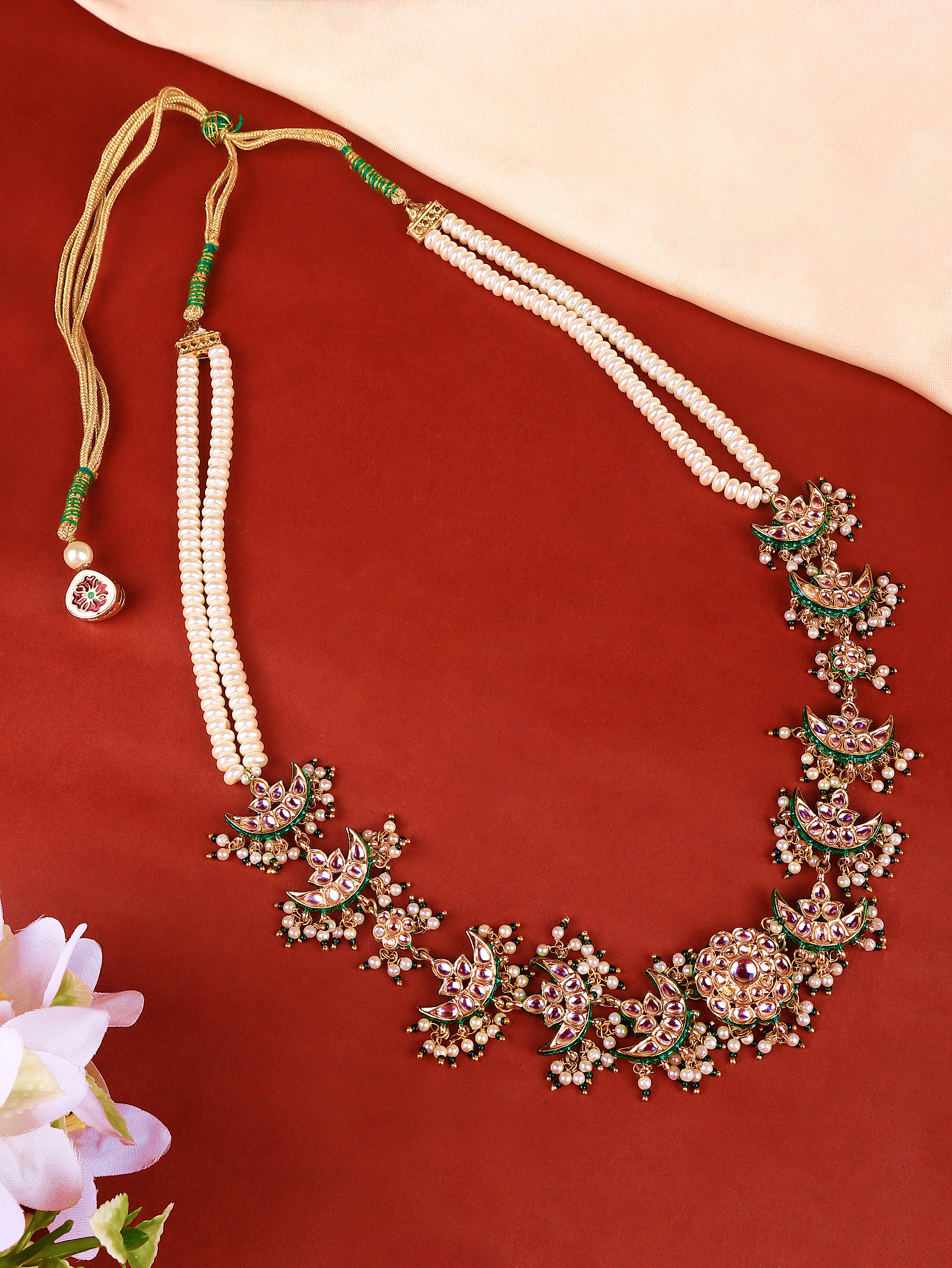 Gold Finish Kundan Polki & Pearl  Necklace Set