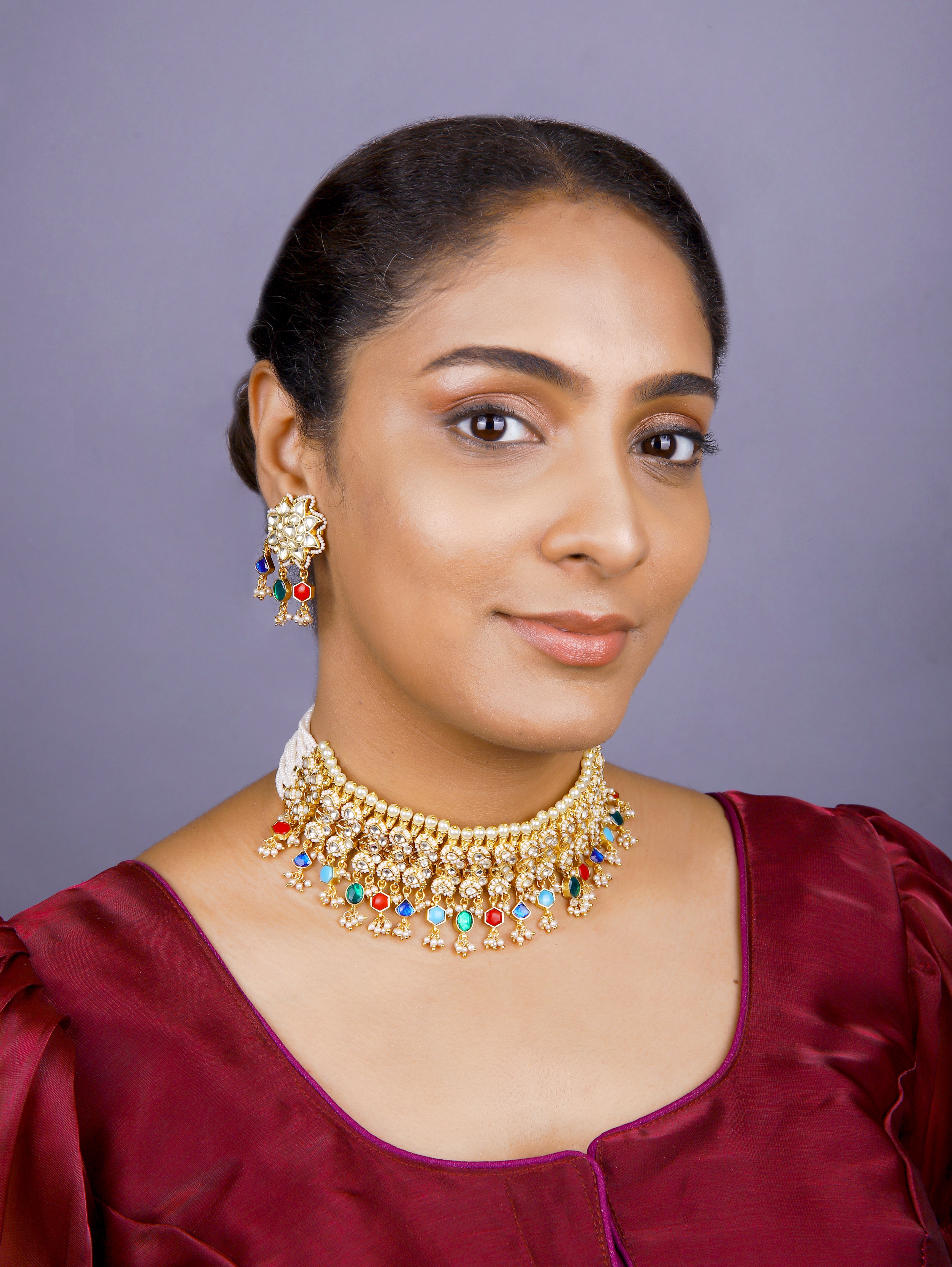 Gold Finish Kundan Polki Navratna Stone Chokar Set