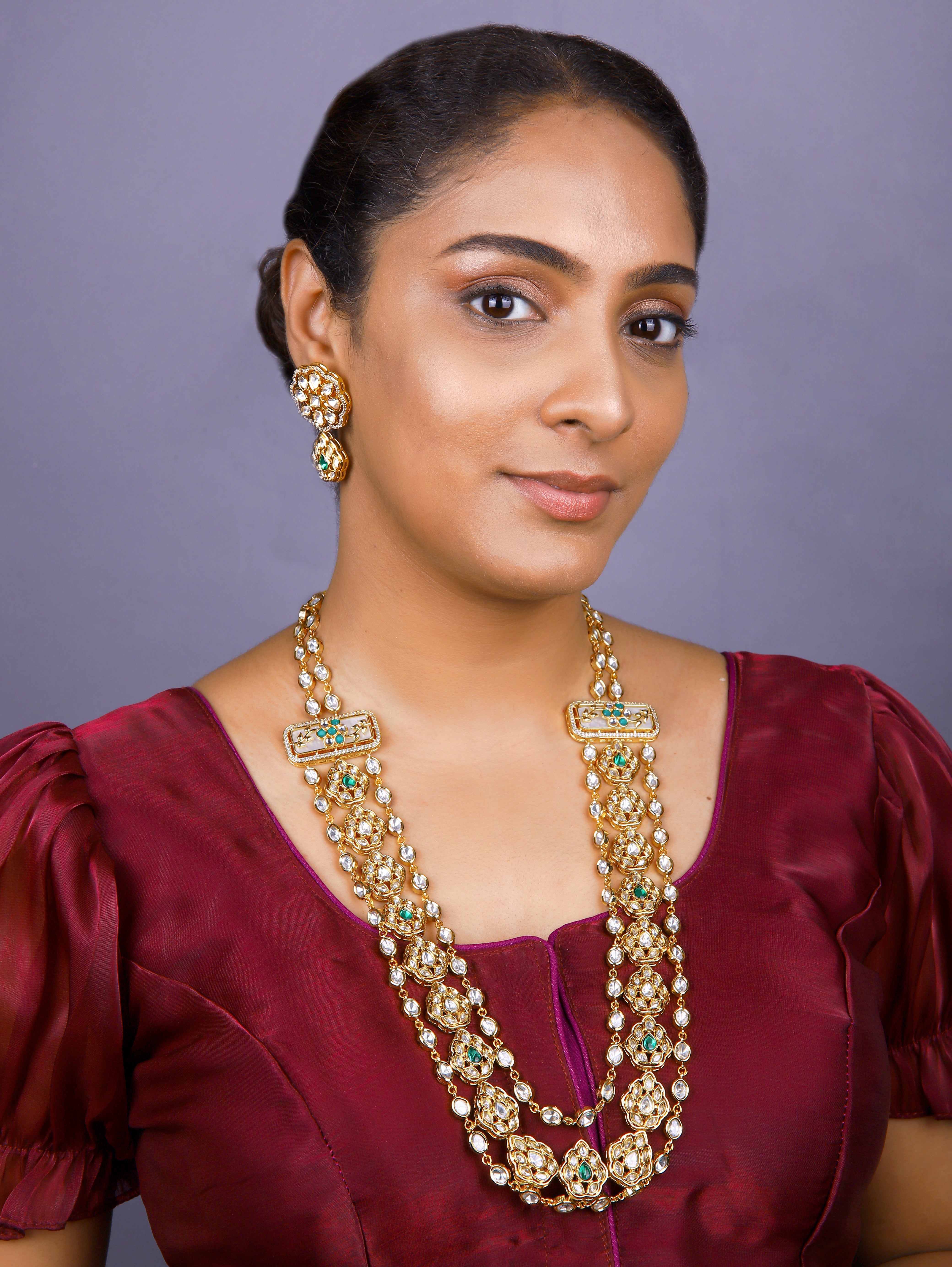 Gold Finish Kundan Polki Necklace Set New