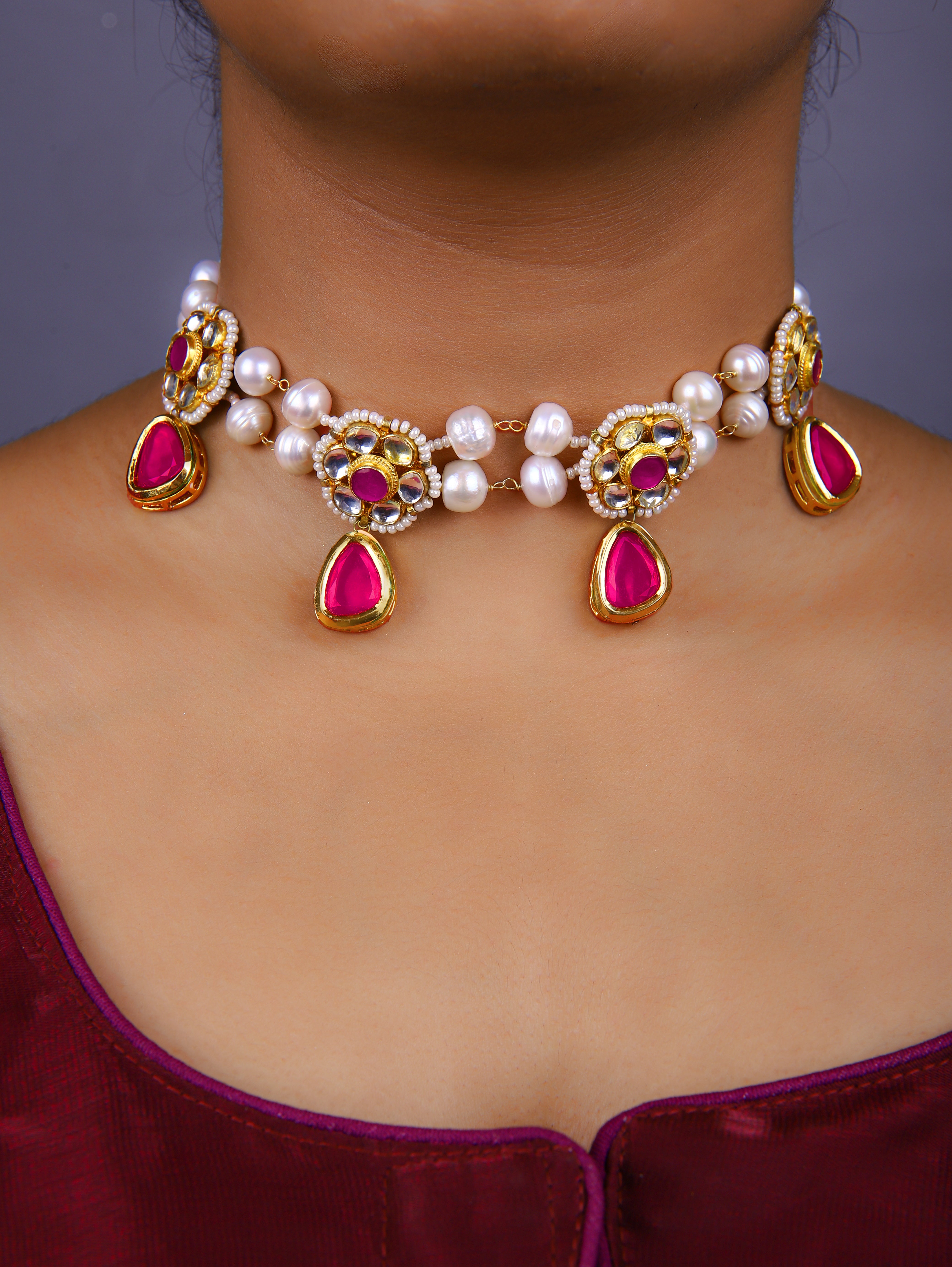 Gold Finish & Kundan Polki  Pink  Chokar Set