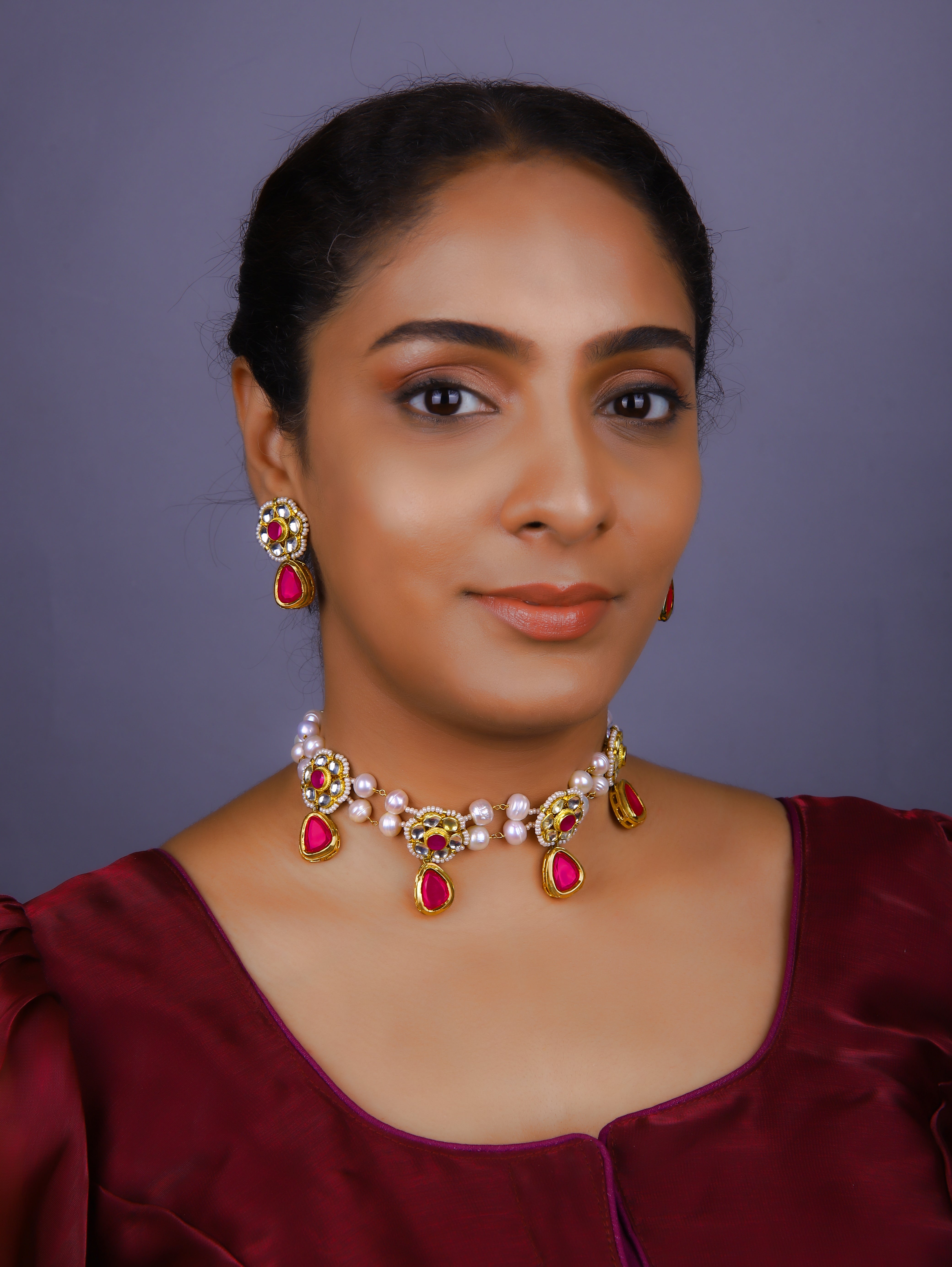 Gold Finish & Kundan Polki  Pink  Chokar Set