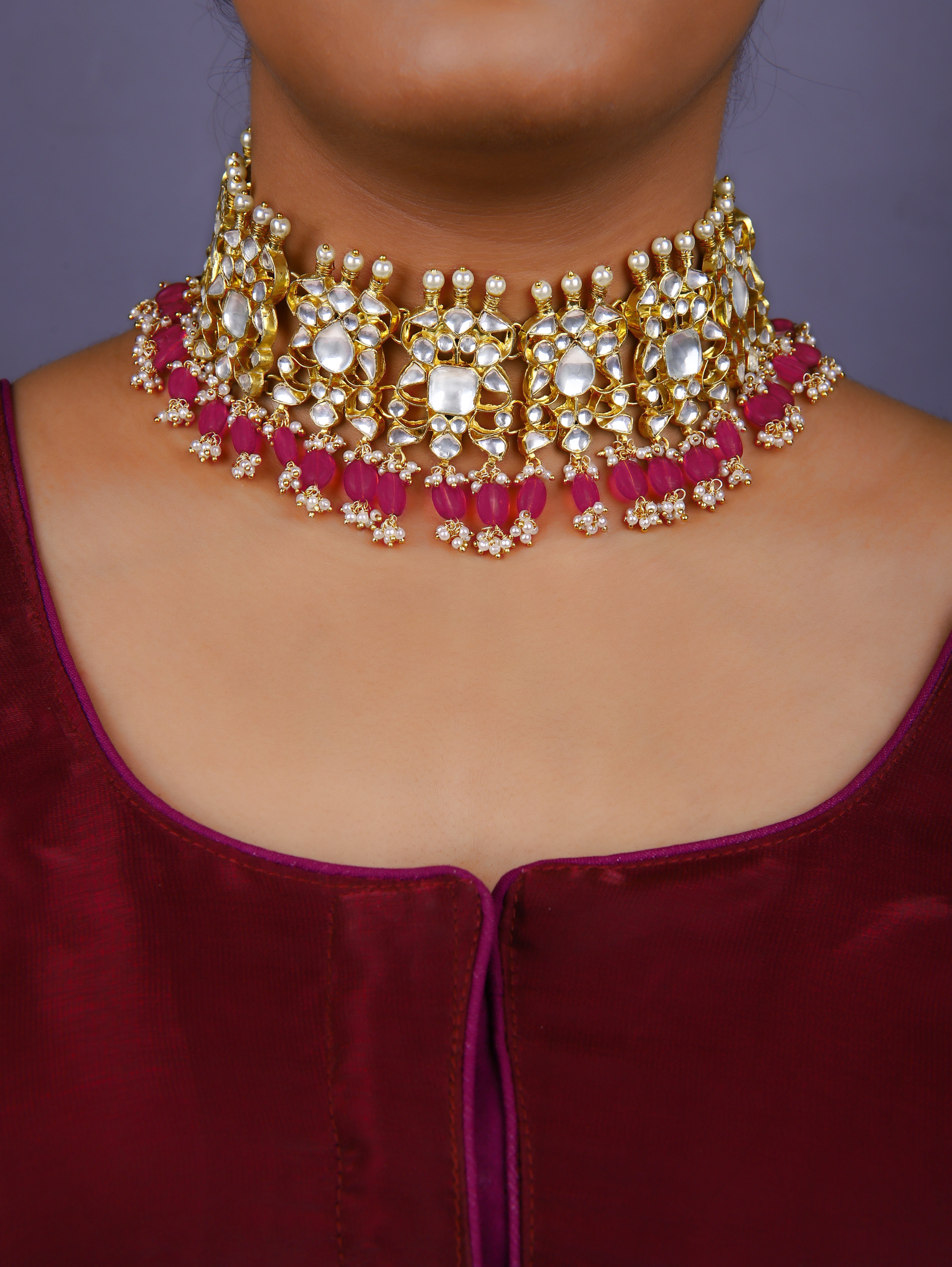 Gold Finish Kundan  Polki  Ruby  Red  Meenakari Chokar Set