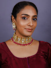 Gold Finish Kundan  Polki  Ruby  Red  Meenakari Chokar Set