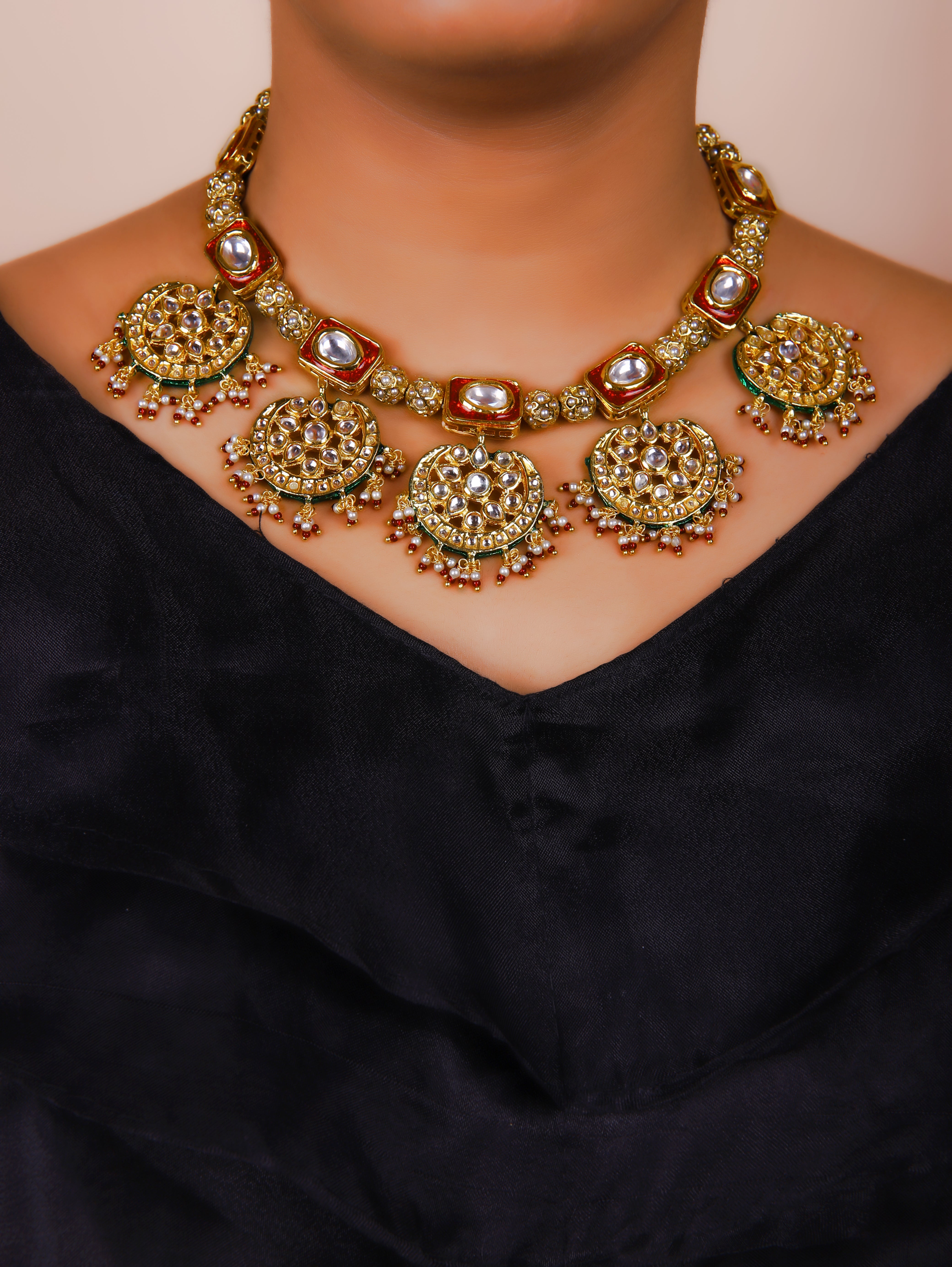 Gold Finish Kundan  Polki  Red  Meenakari Chokar Set