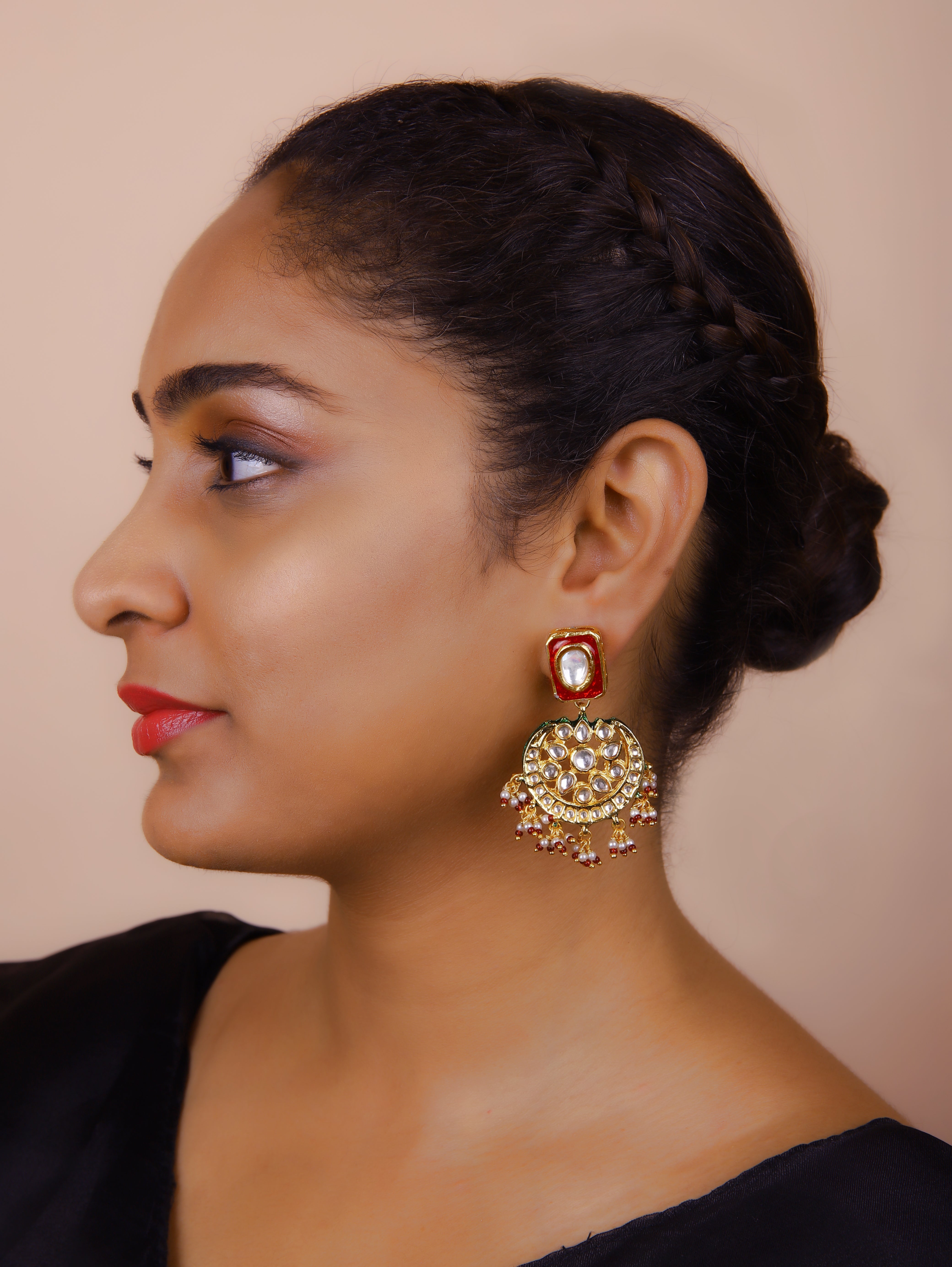 Gold Finish Kundan  Polki  Red  Meenakari Chokar Set