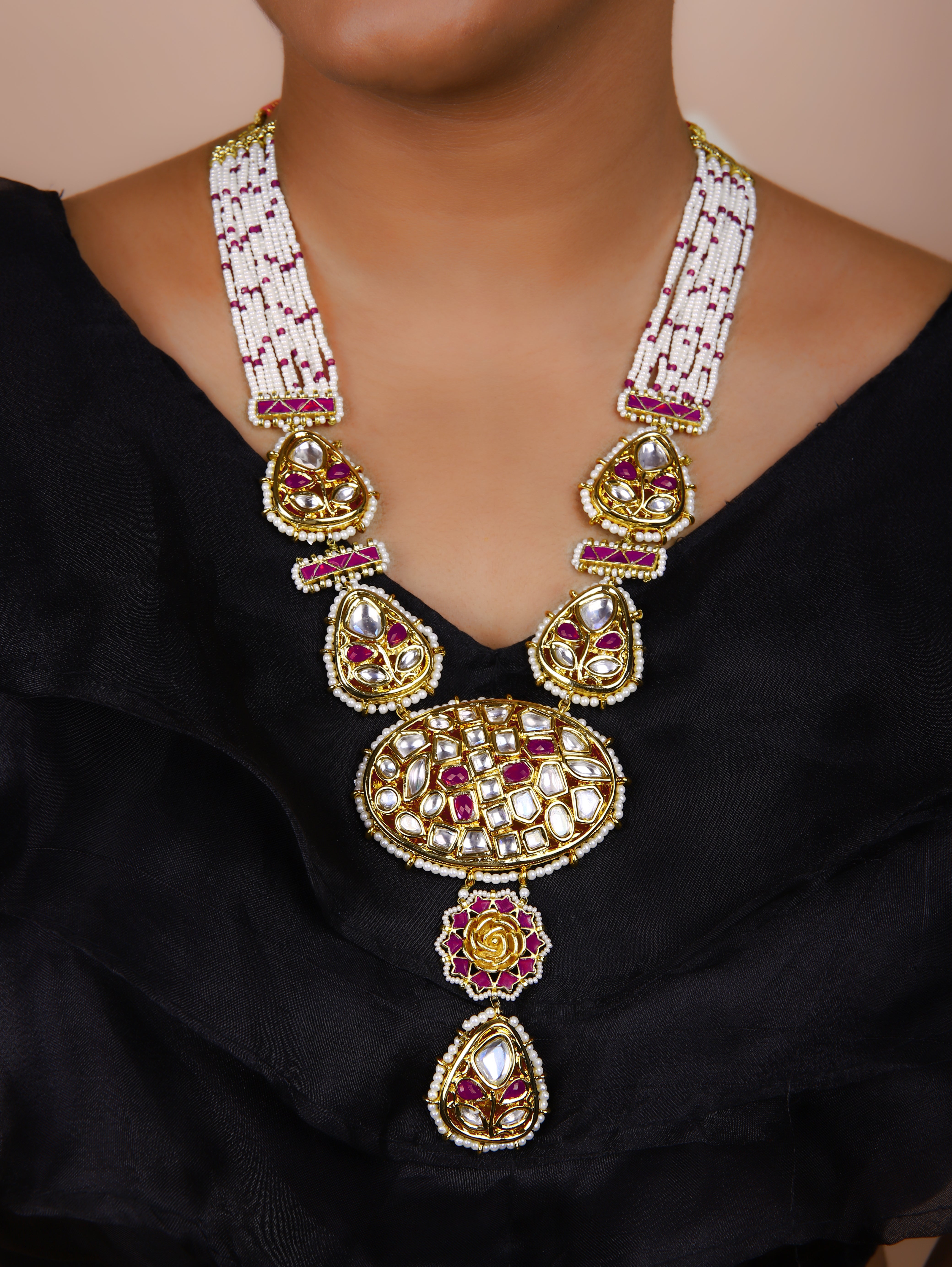 Gold Finish Kundan Polki Long Necklace Set