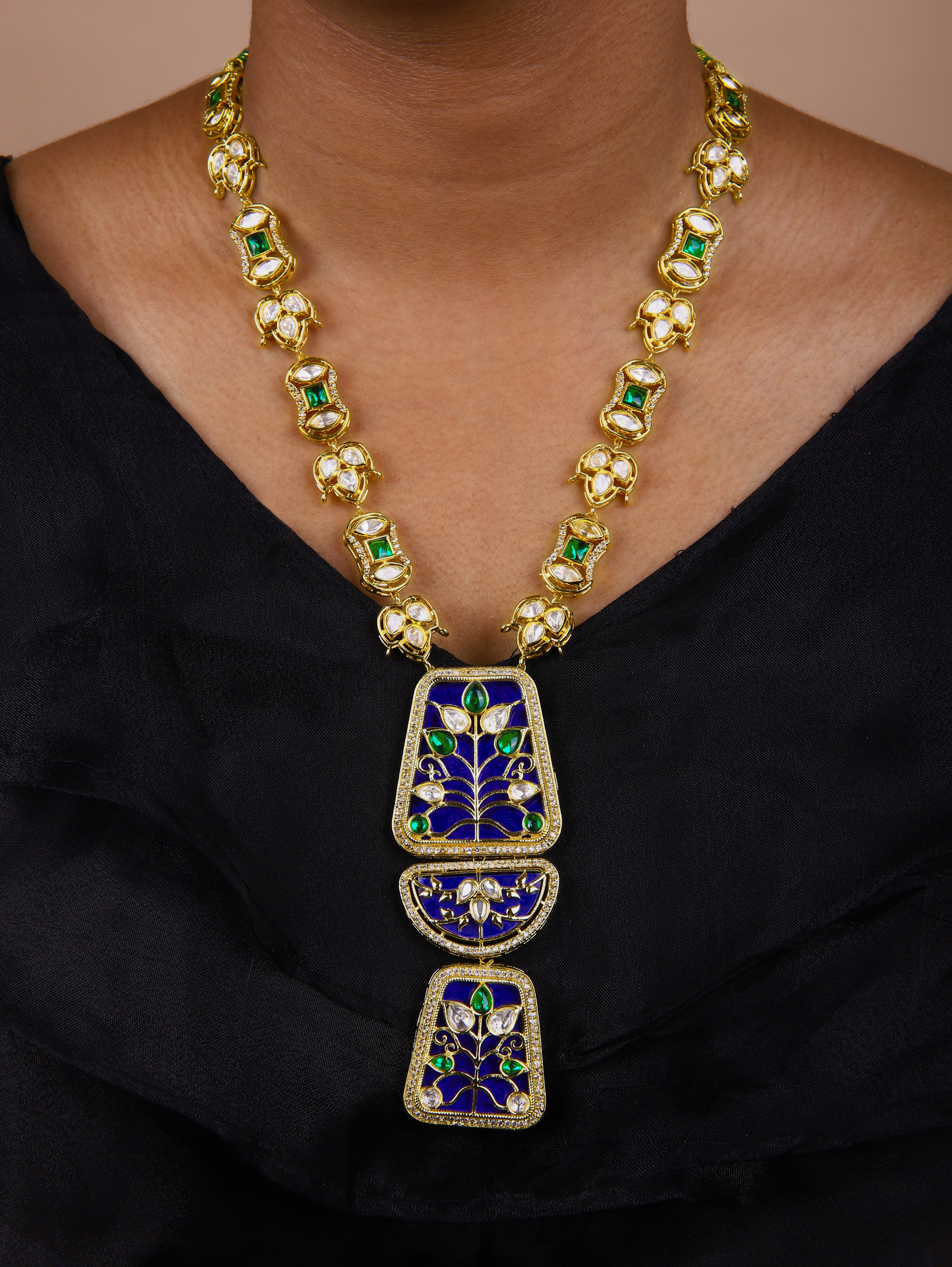 Gold Finish Deep Blue Kundan Polki Necklace Set