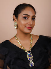 Gold Finish Deep Blue Kundan Polki Necklace Set