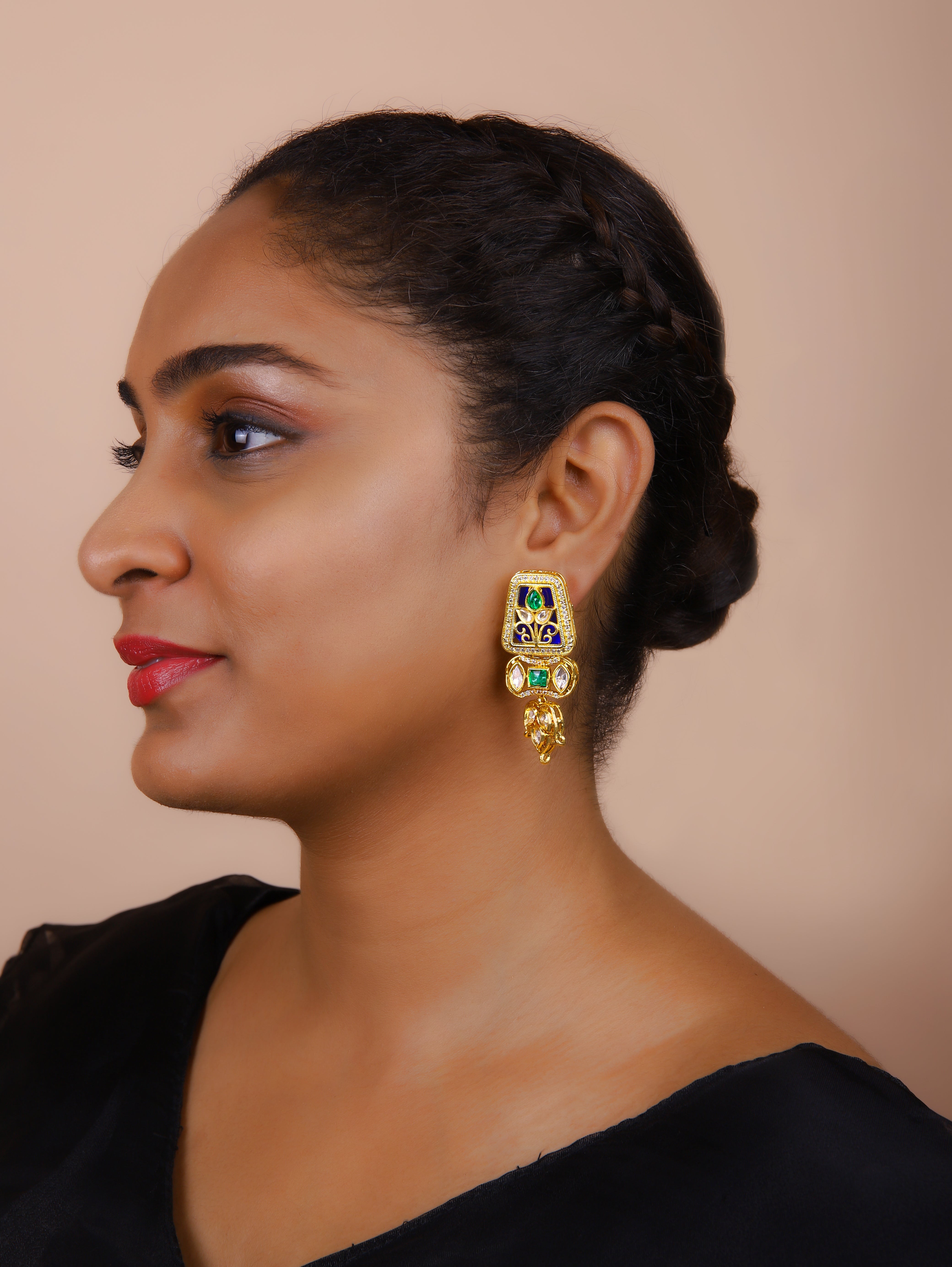 Gold Finish Deep Blue Kundan Polki Necklace Set