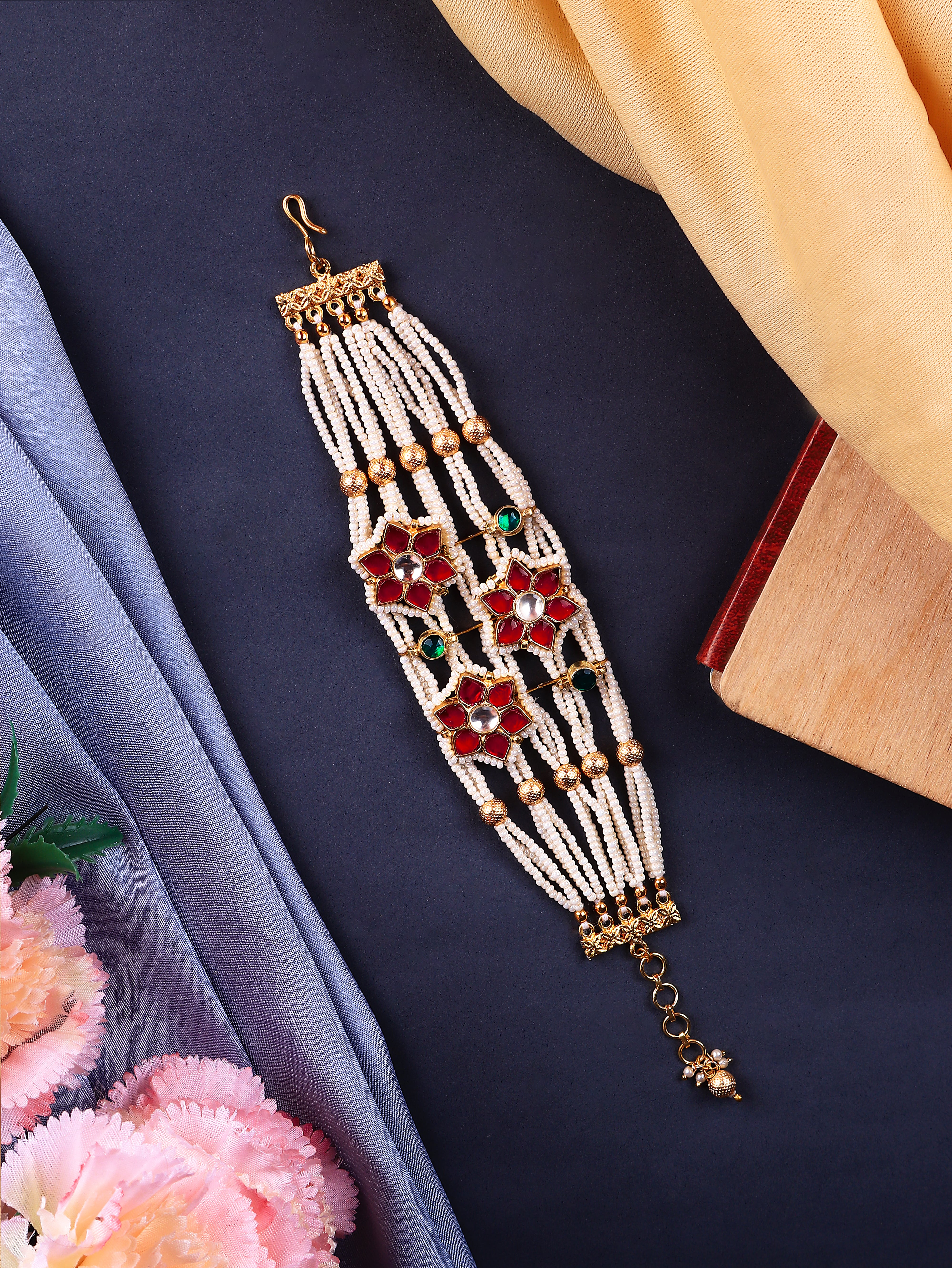 Gold Finish Kundan  Polki & Pearl Adjustabla Bracelet  2