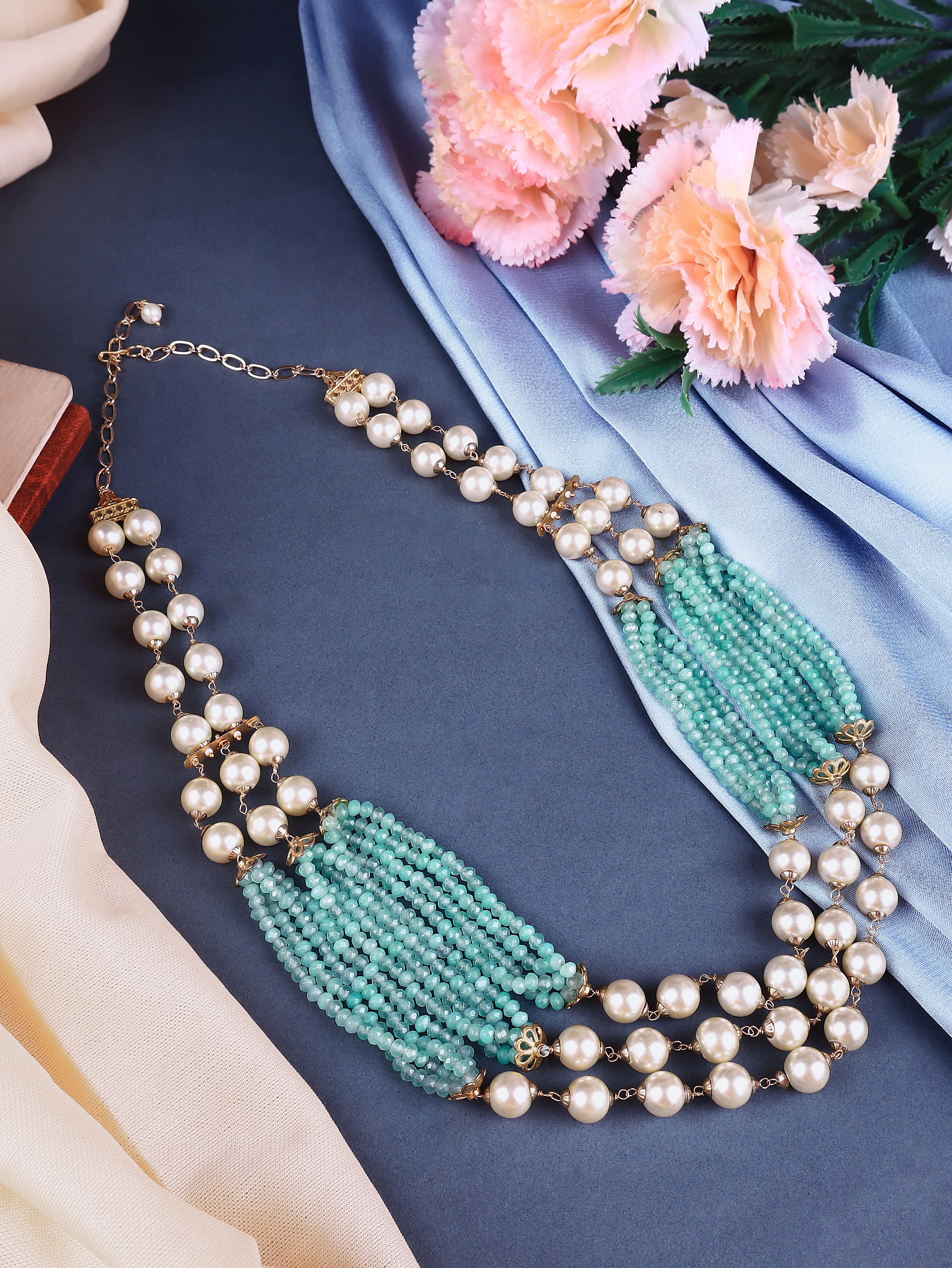 Semi Precious Beads & Pearl   Long  Necklace
