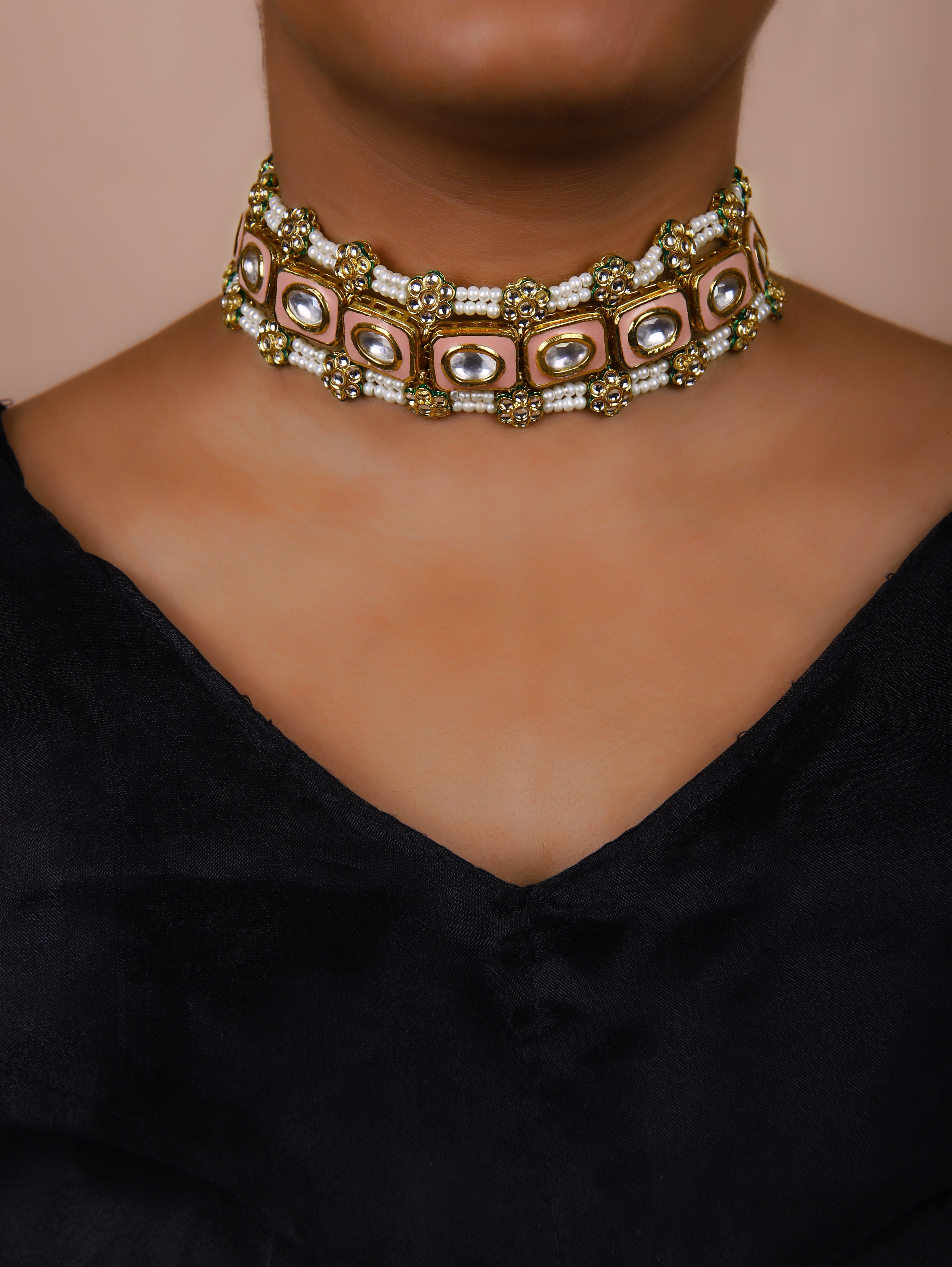 Gold Finish Green Minkari  Chokar Set