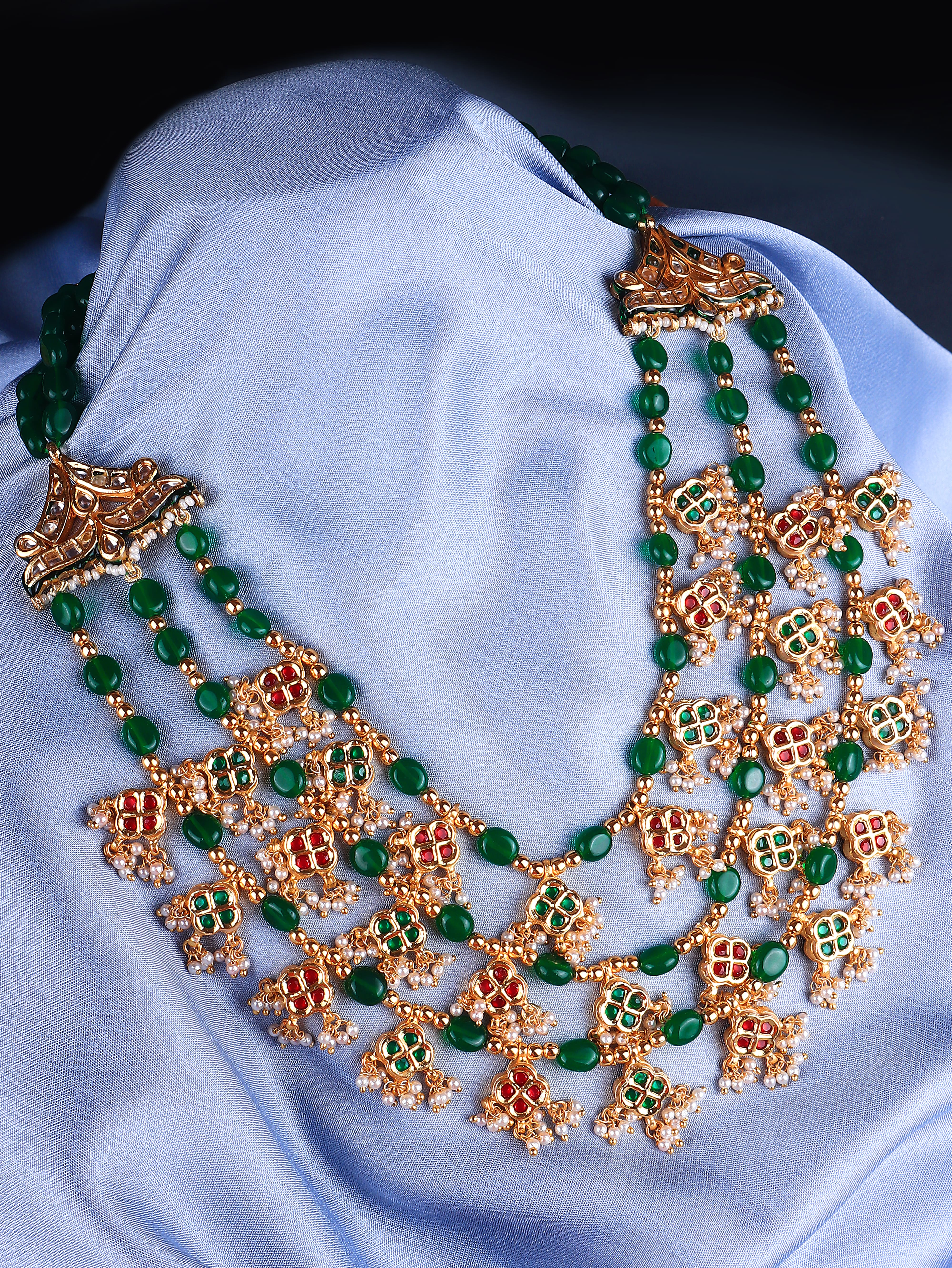 Gold Finish Kundan Polki & Multi Colored Stone Long Necklace