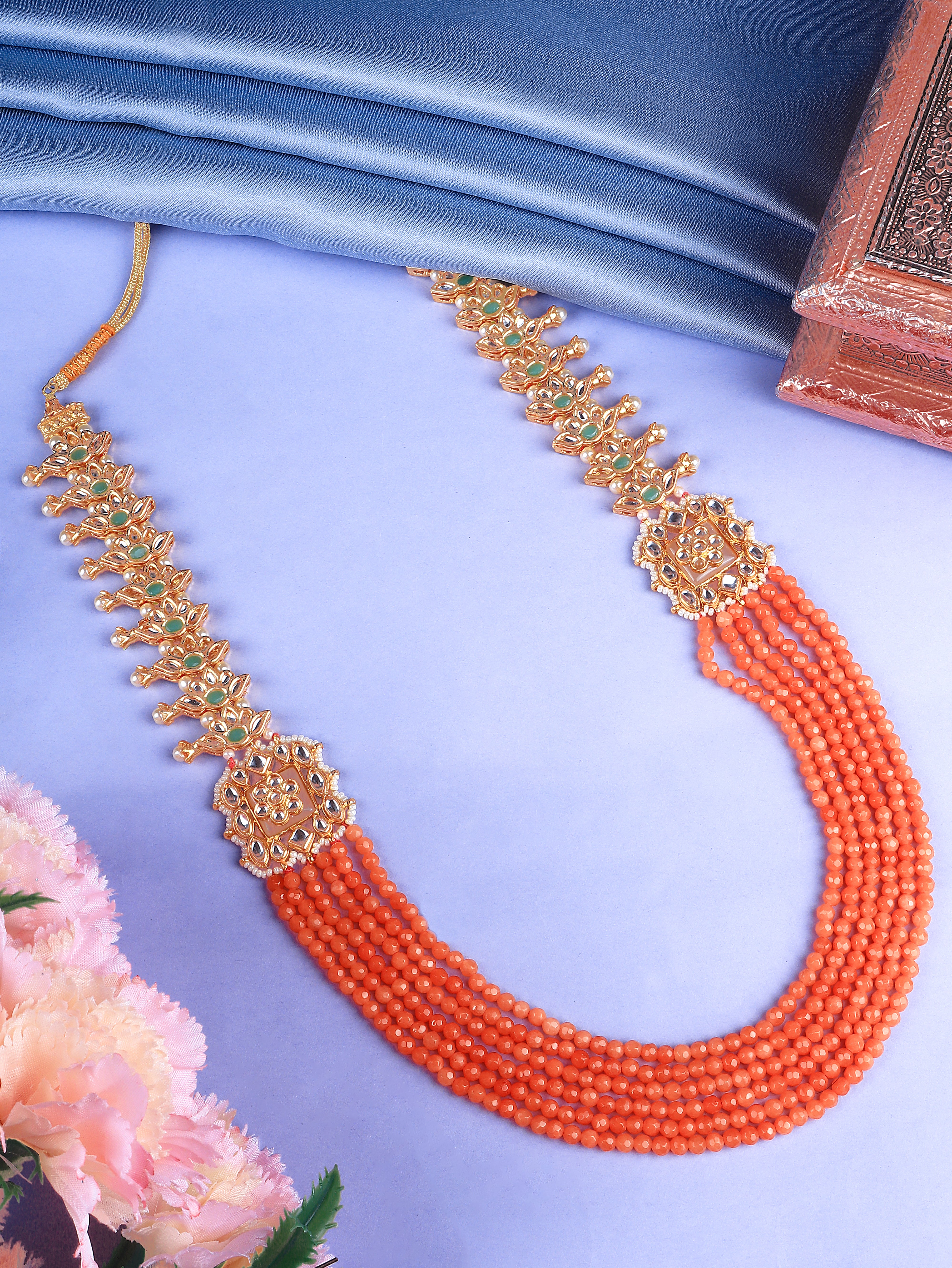 Gold Finish Kundan Polki & Semi Precious Beads Orange