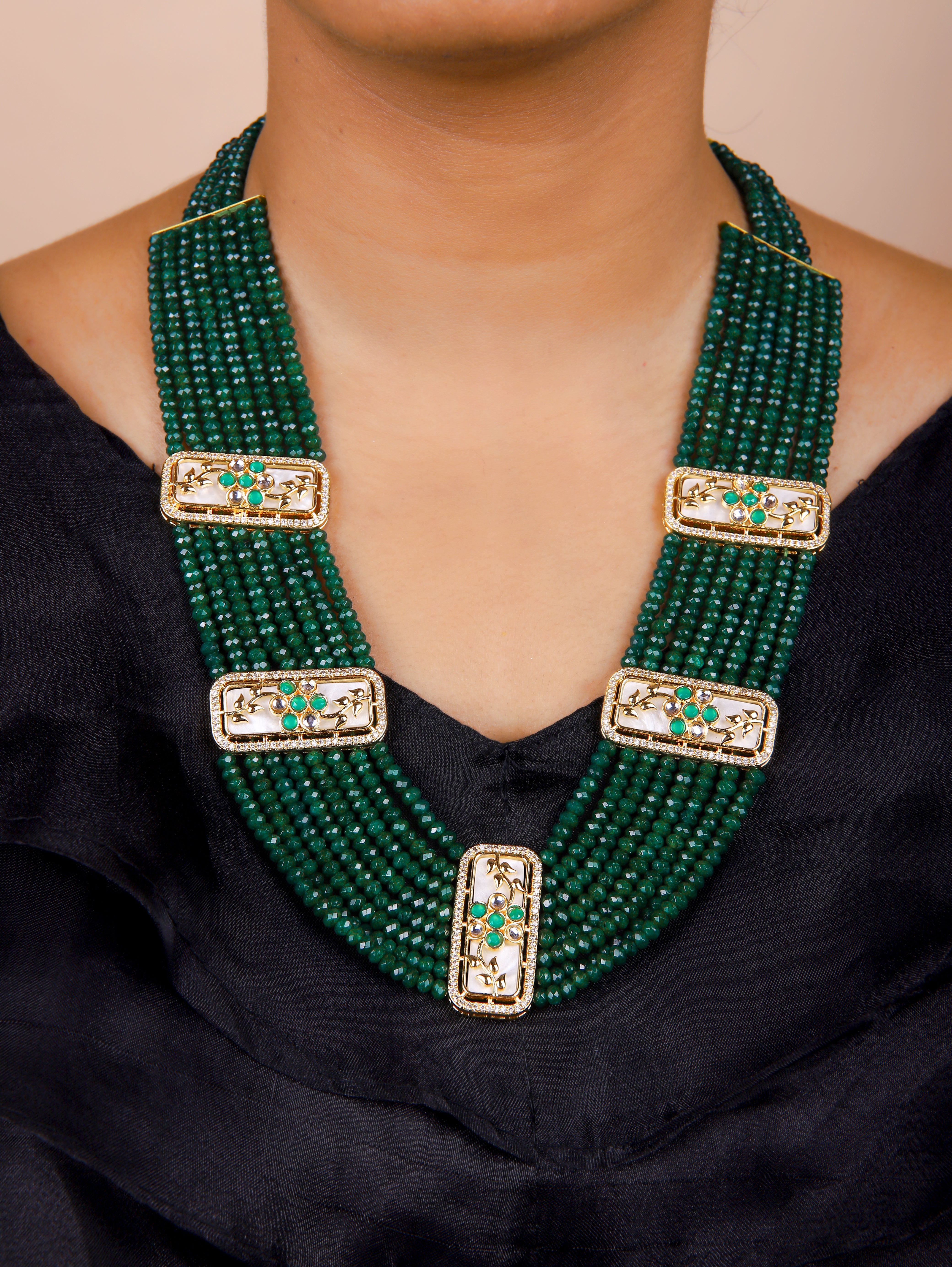 Gold Finish Kundan Polki & Semi Precious Beads Emerald Necklace