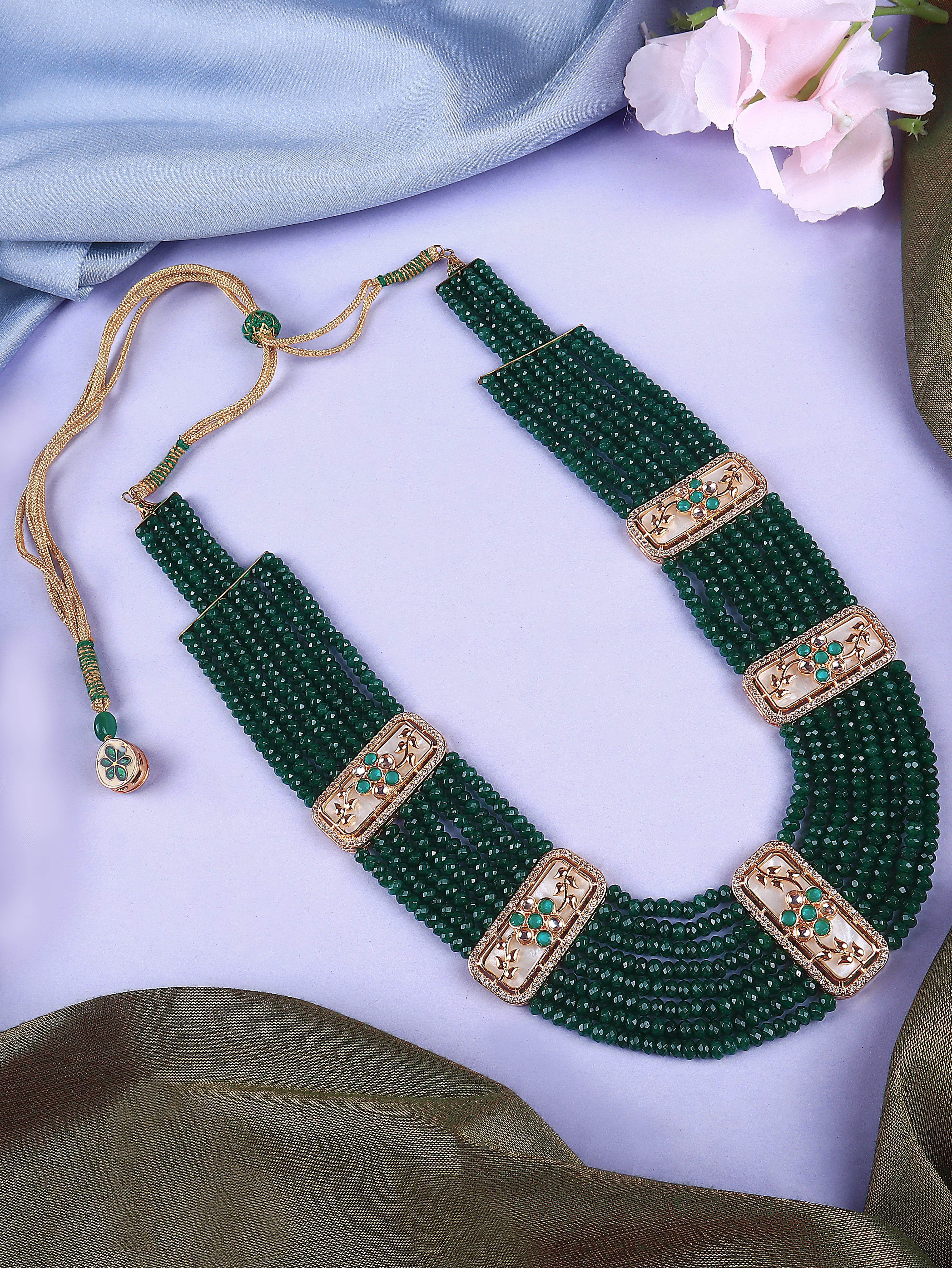 Gold Finish Kundan Polki & Semi Precious Beads Emerald Necklace