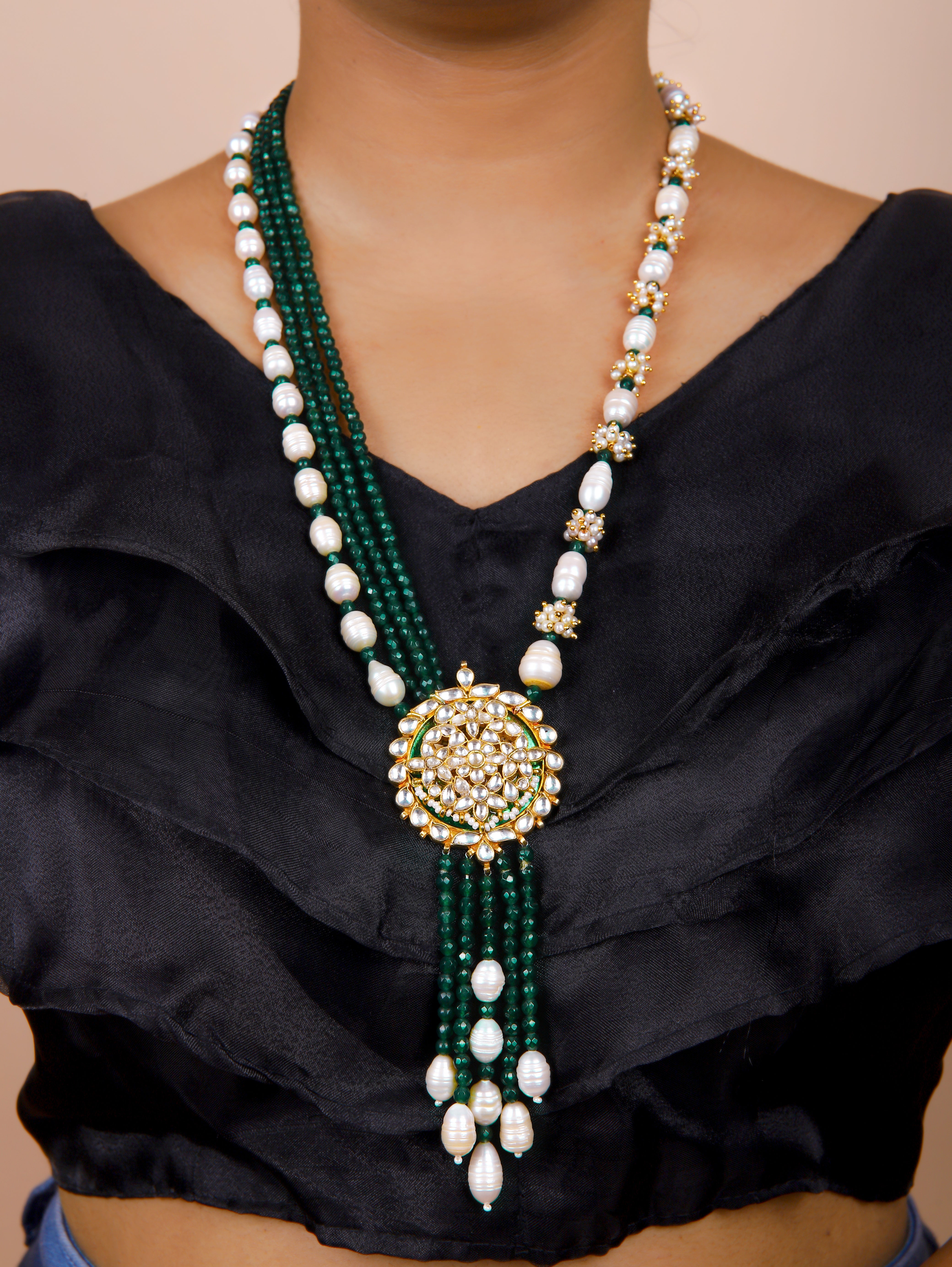 Gold Finish Kundan Polki & Semi Precious Beads Necklace