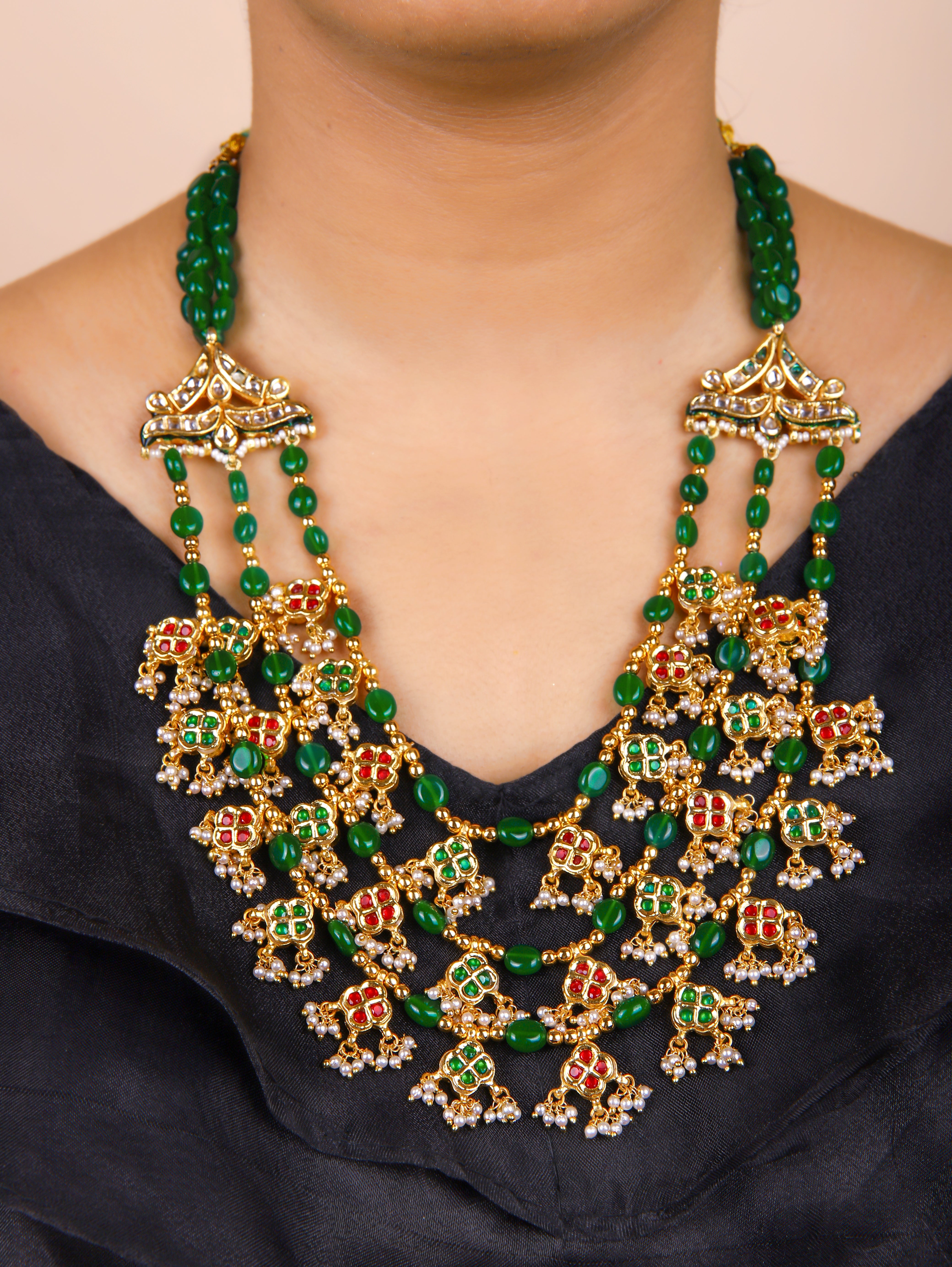 Gold Finish Kundan Polki & Multi Colored Stone Long Necklace