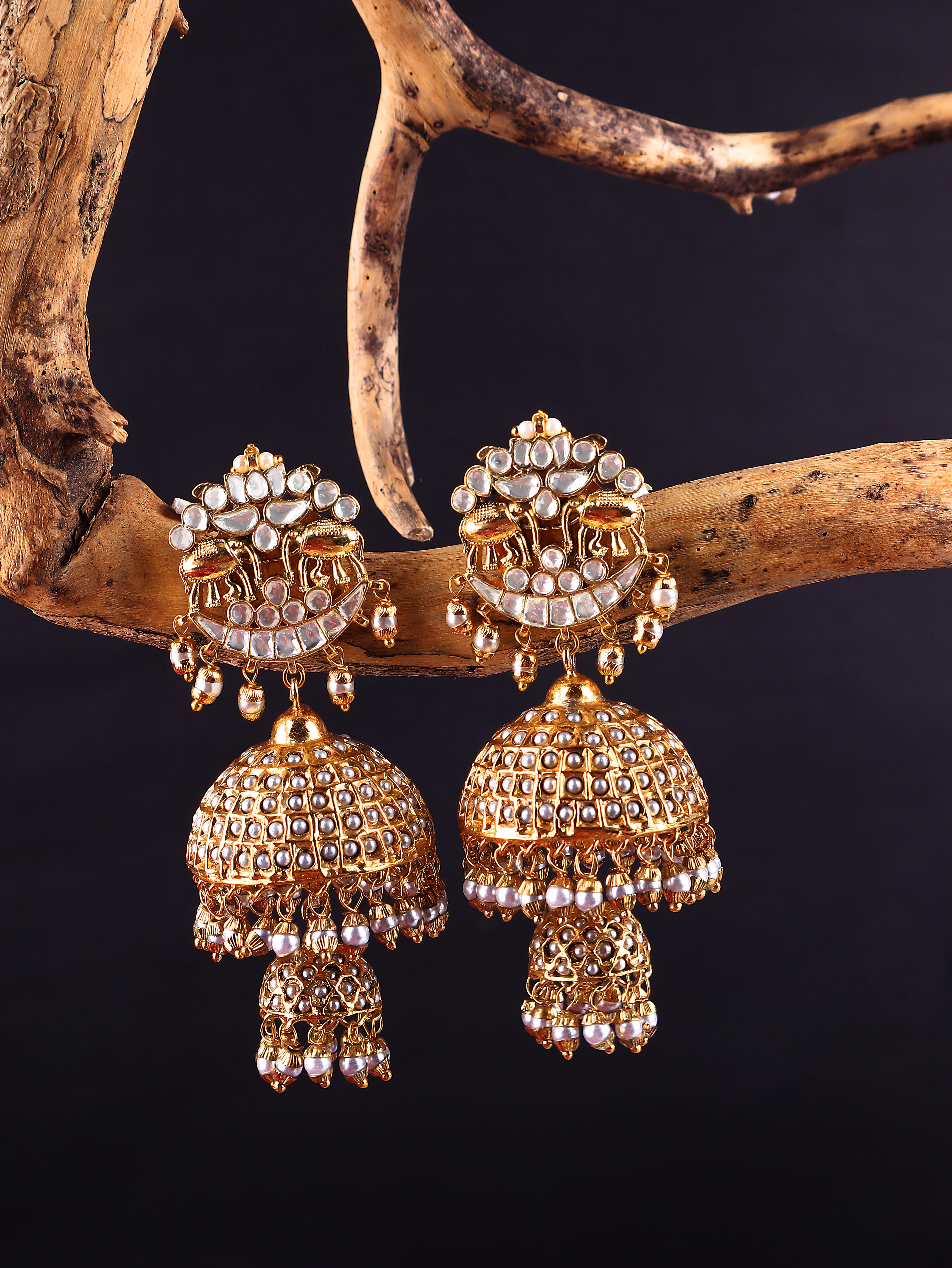 Gold Finish Kundan Jhumka