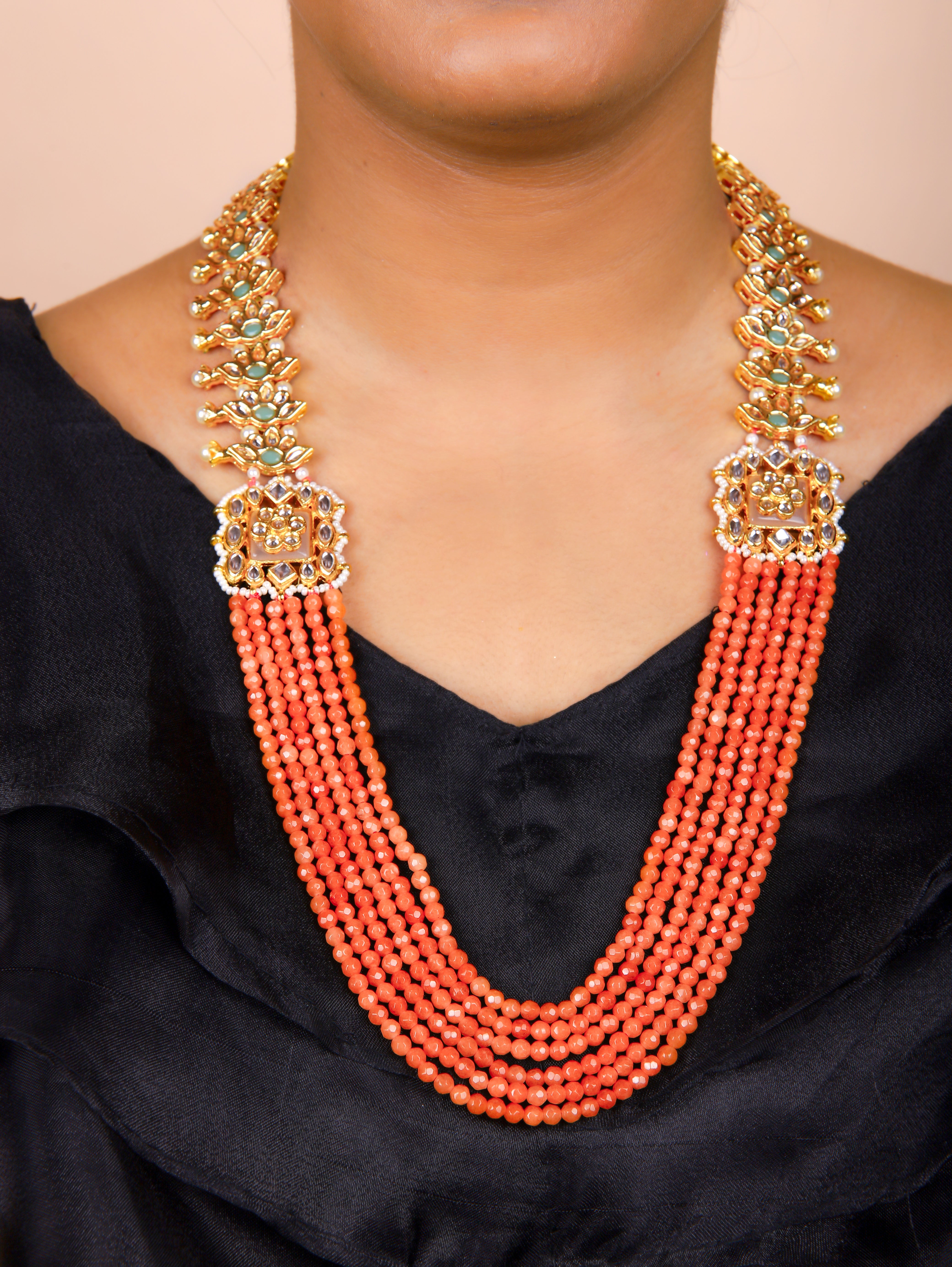 Gold Finish Kundan Polki & Semi Precious Beads Orange