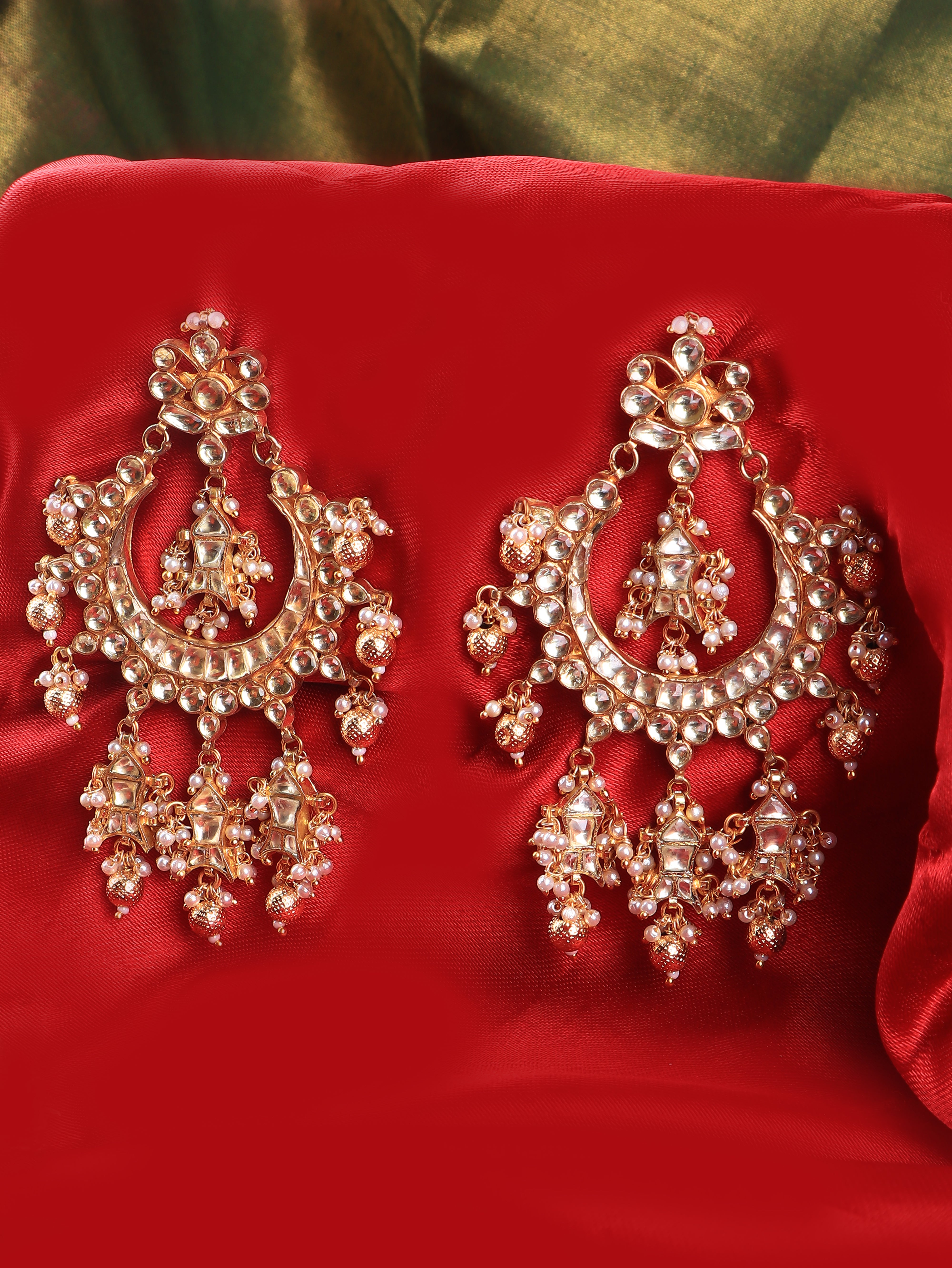 Gold Finish Kundan Polki Chand Bali