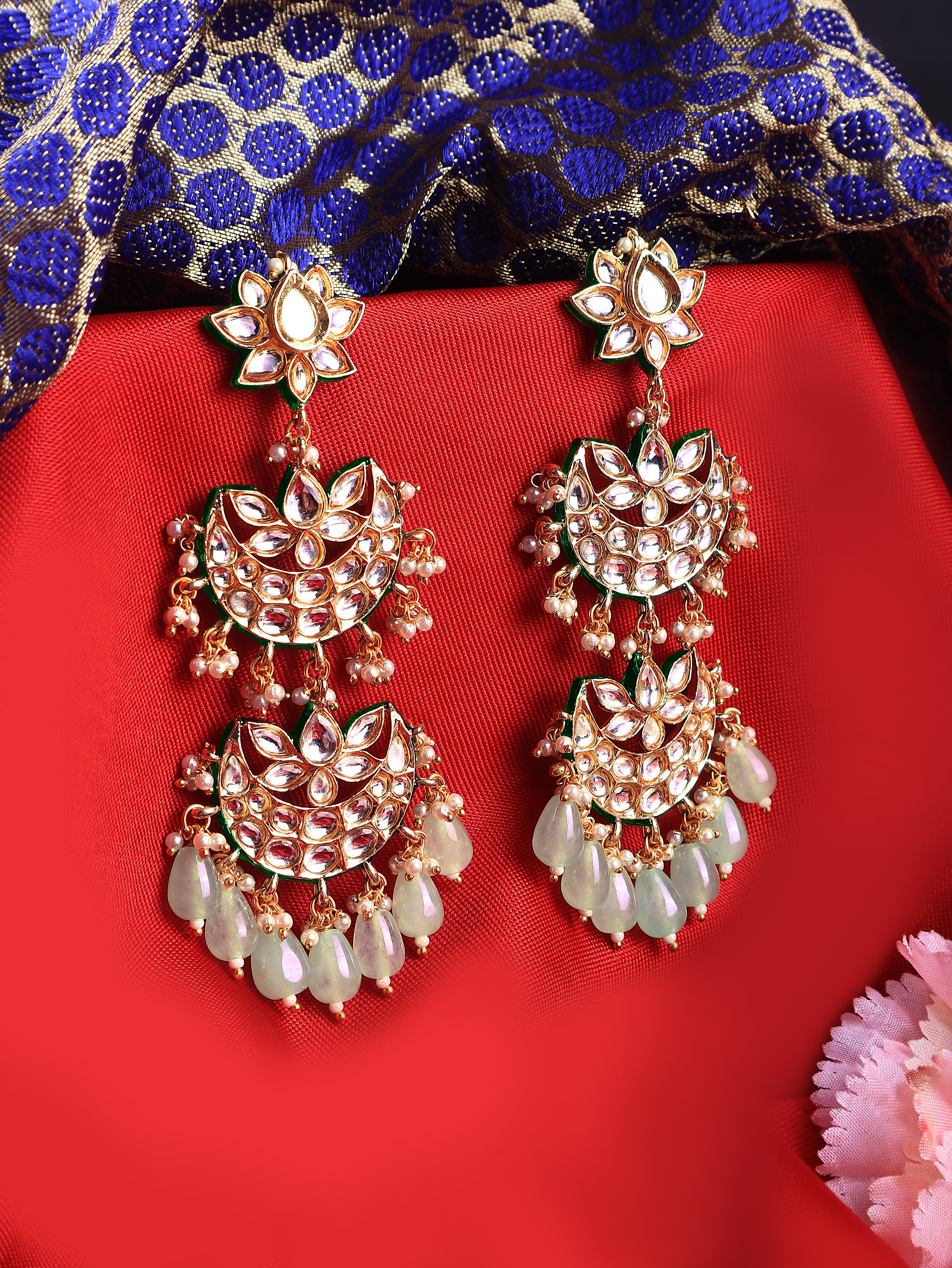 Gold Finish Kundan Polki Mint Green Chand Bali