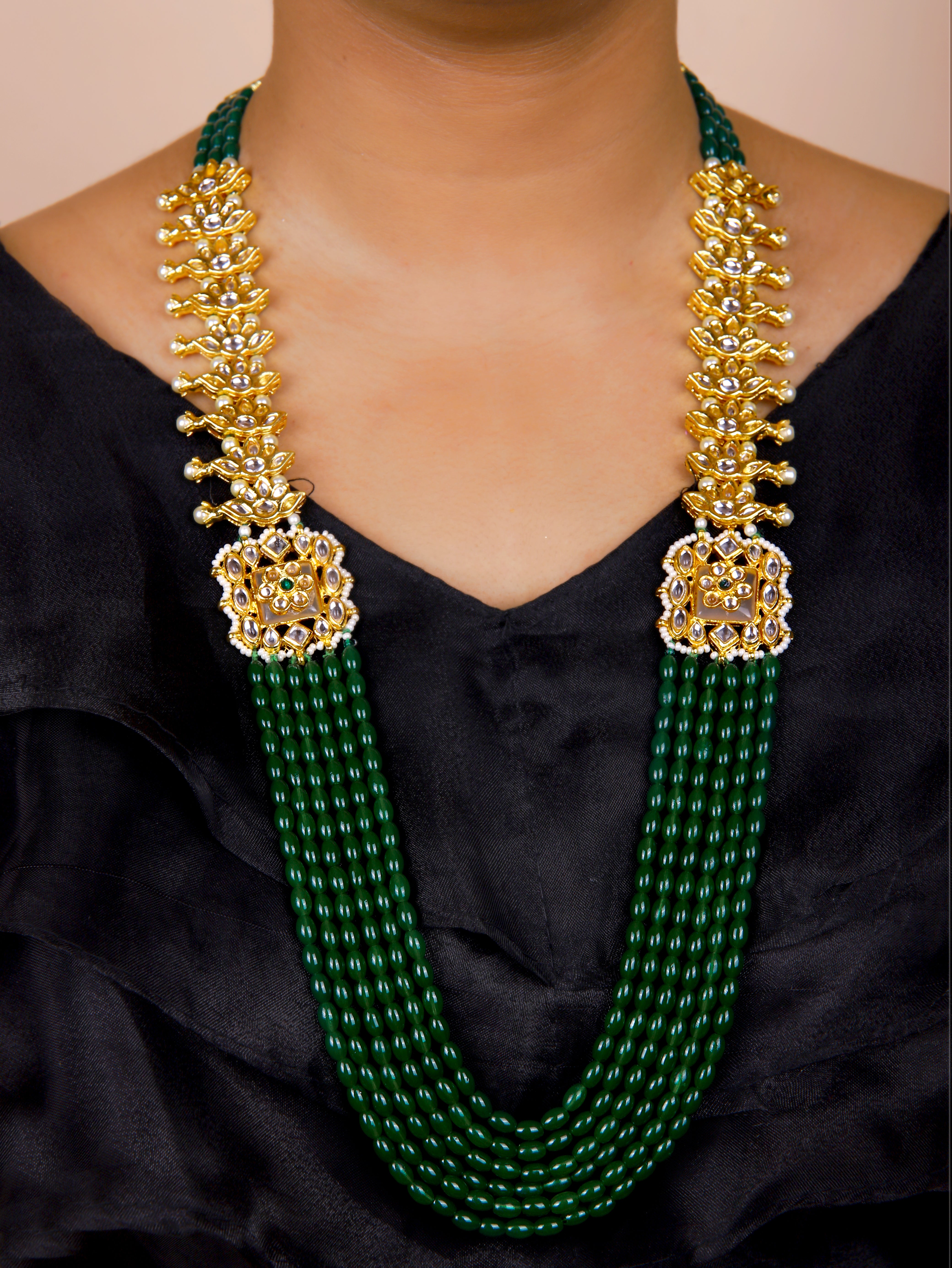Gold Finish Kundan Polki & Semi Precious Beads Green