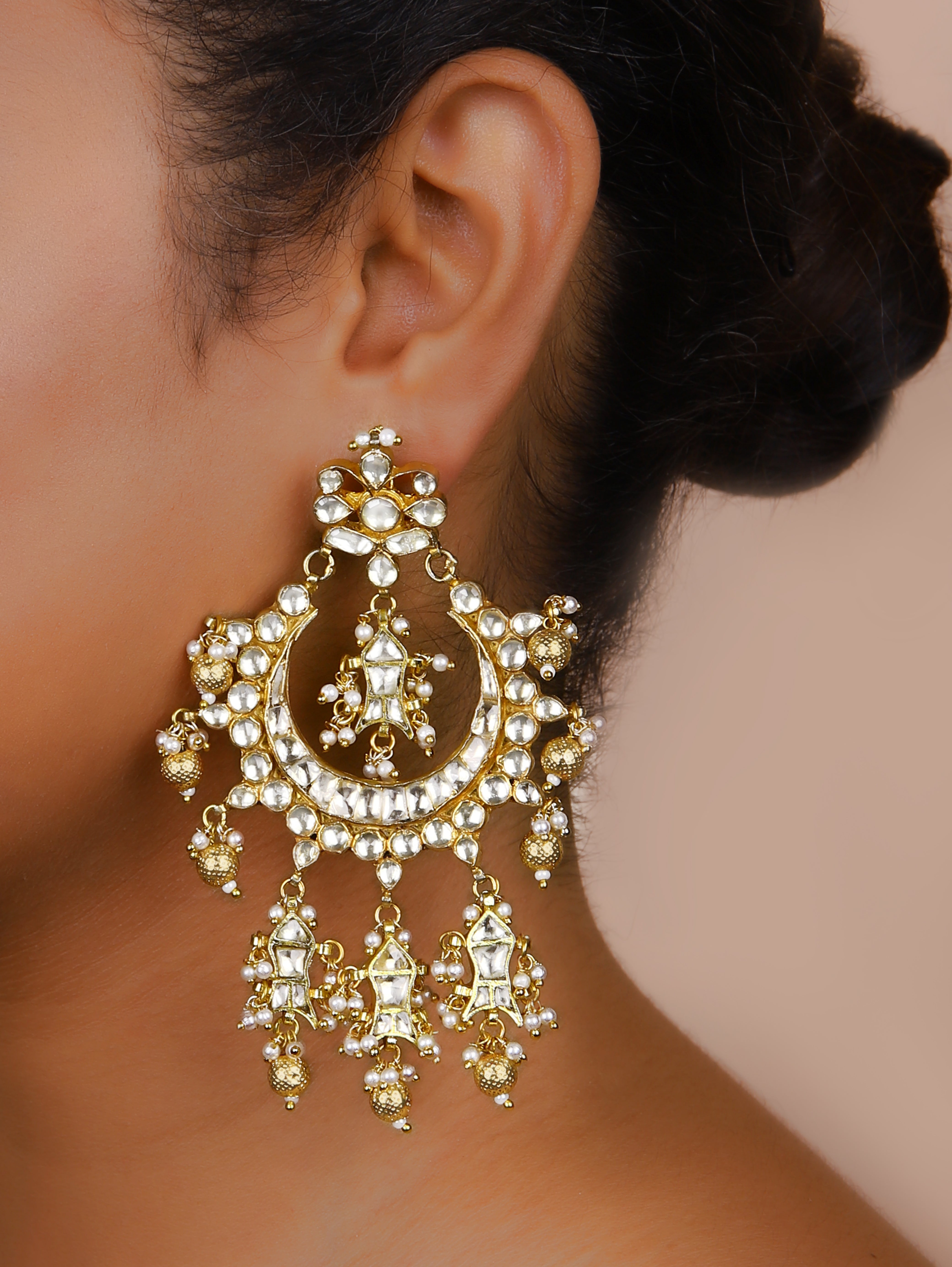 Gold Finish Kundan Polki Chand Bali