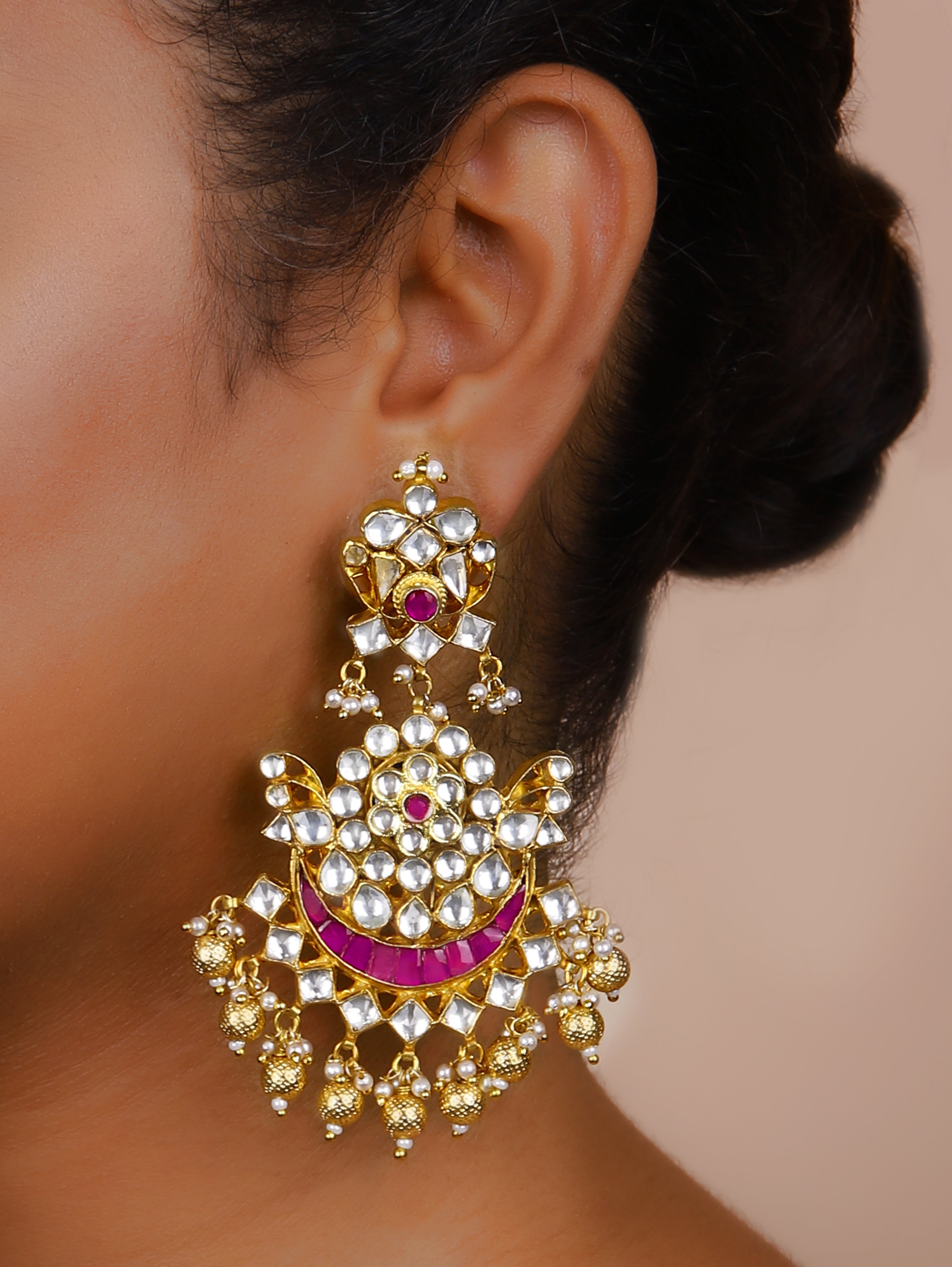 Gold Finish Kundan Polki  Pink  Chand Bali