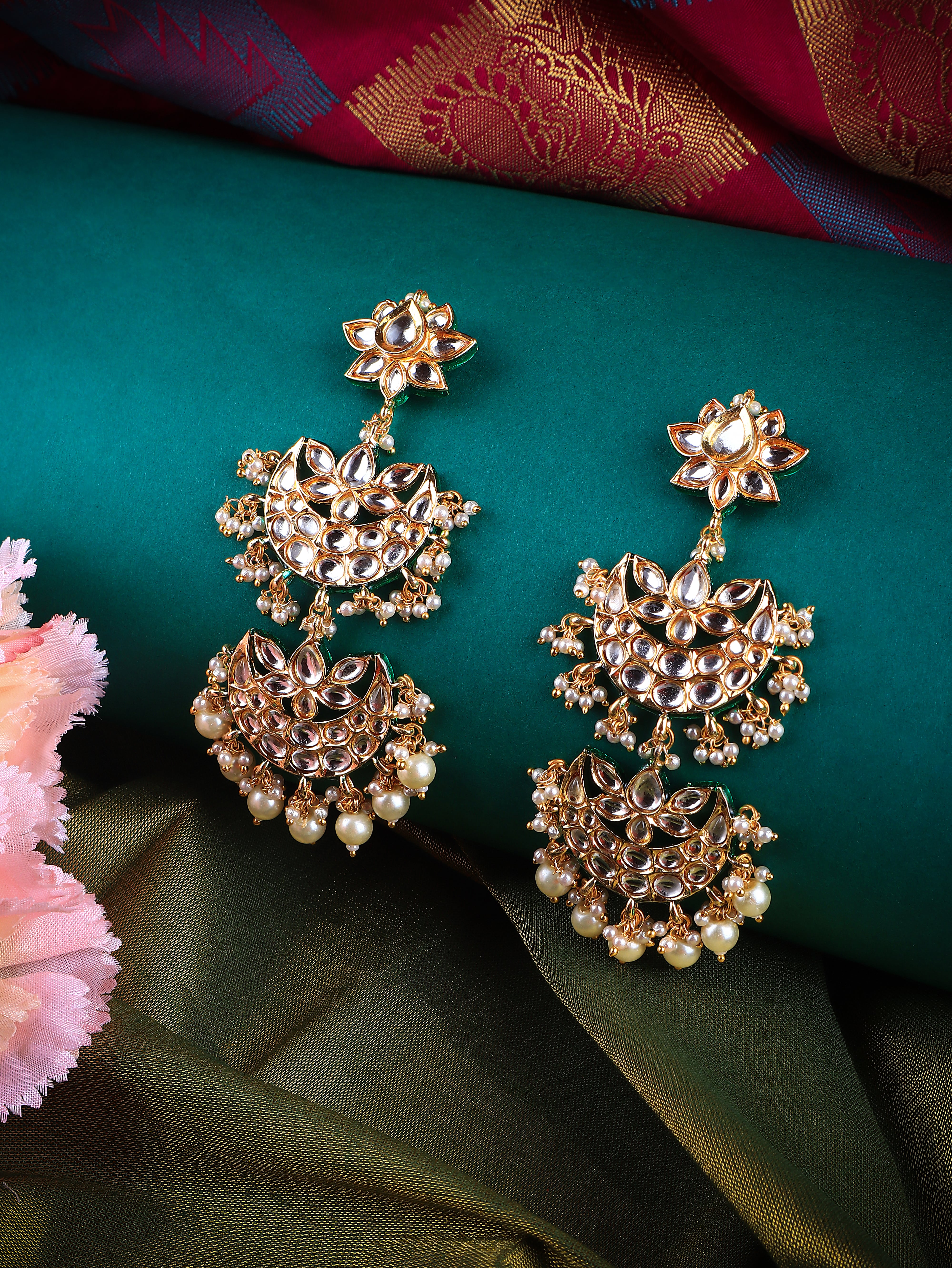 Gold Finish Kundan Polki Pearl Chand Bali