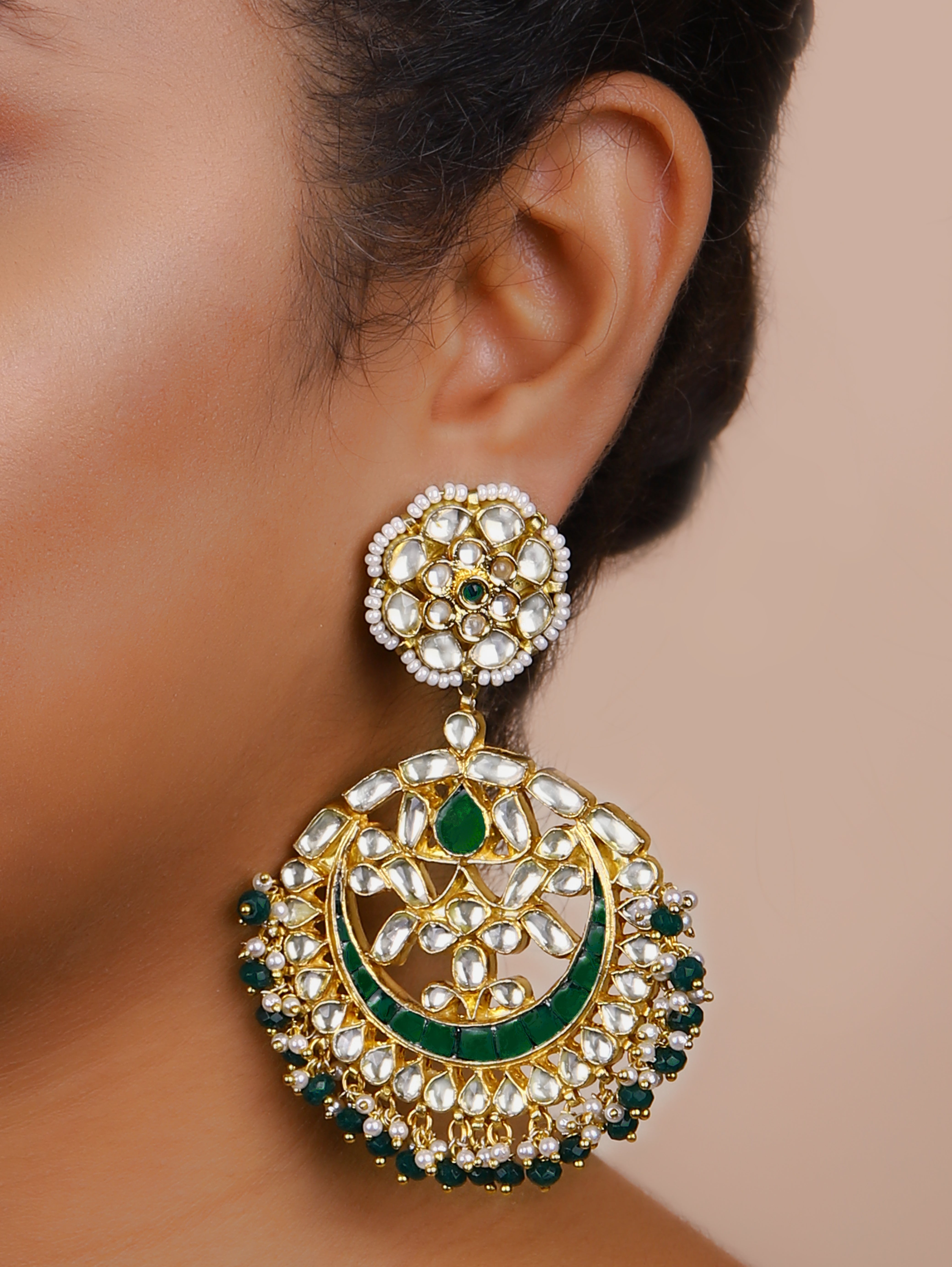 Gold Finish Kundan Polki  Green   Chand Bali