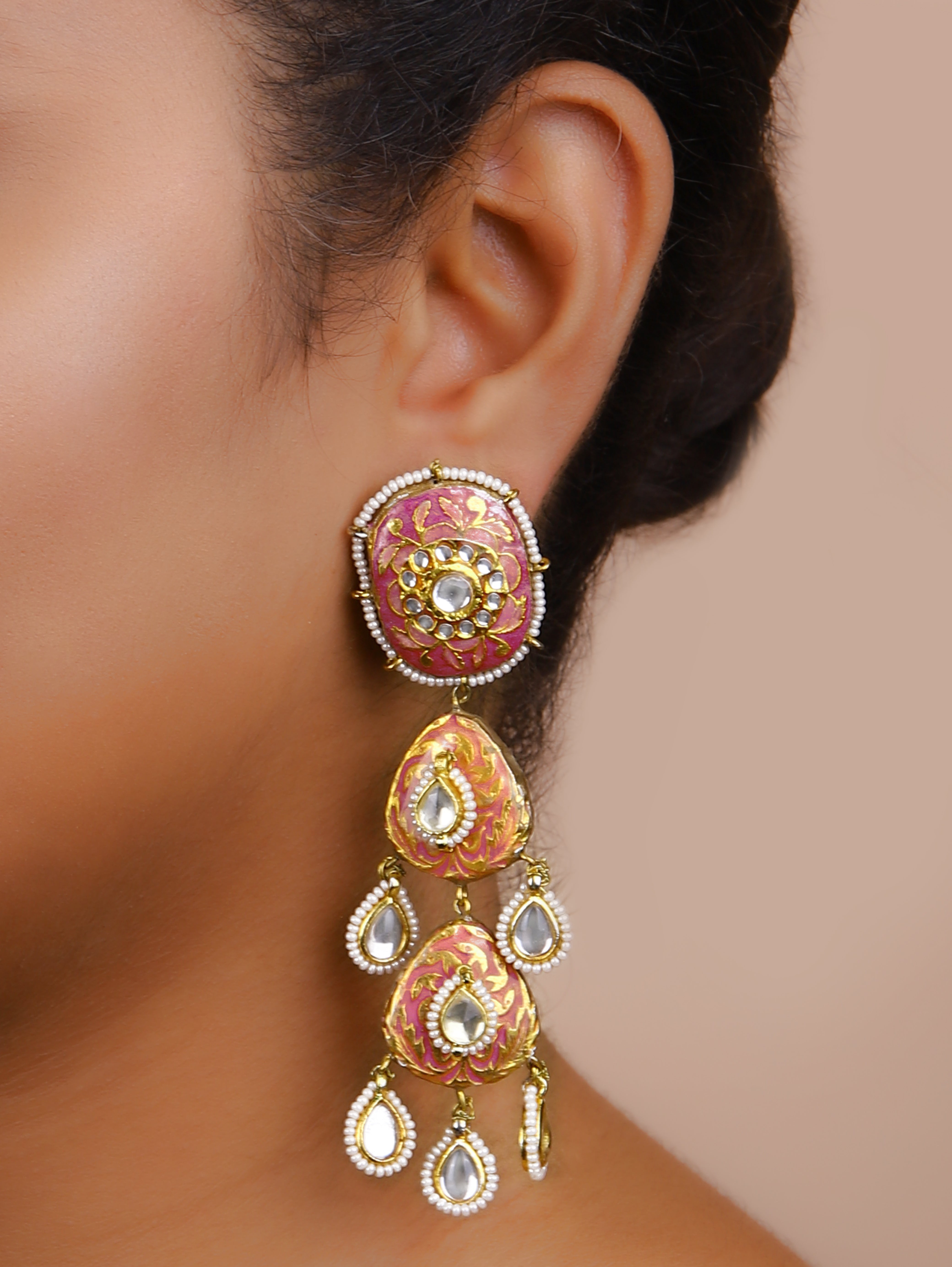 Gold Finish Kundan Polki   Pink Meenkari