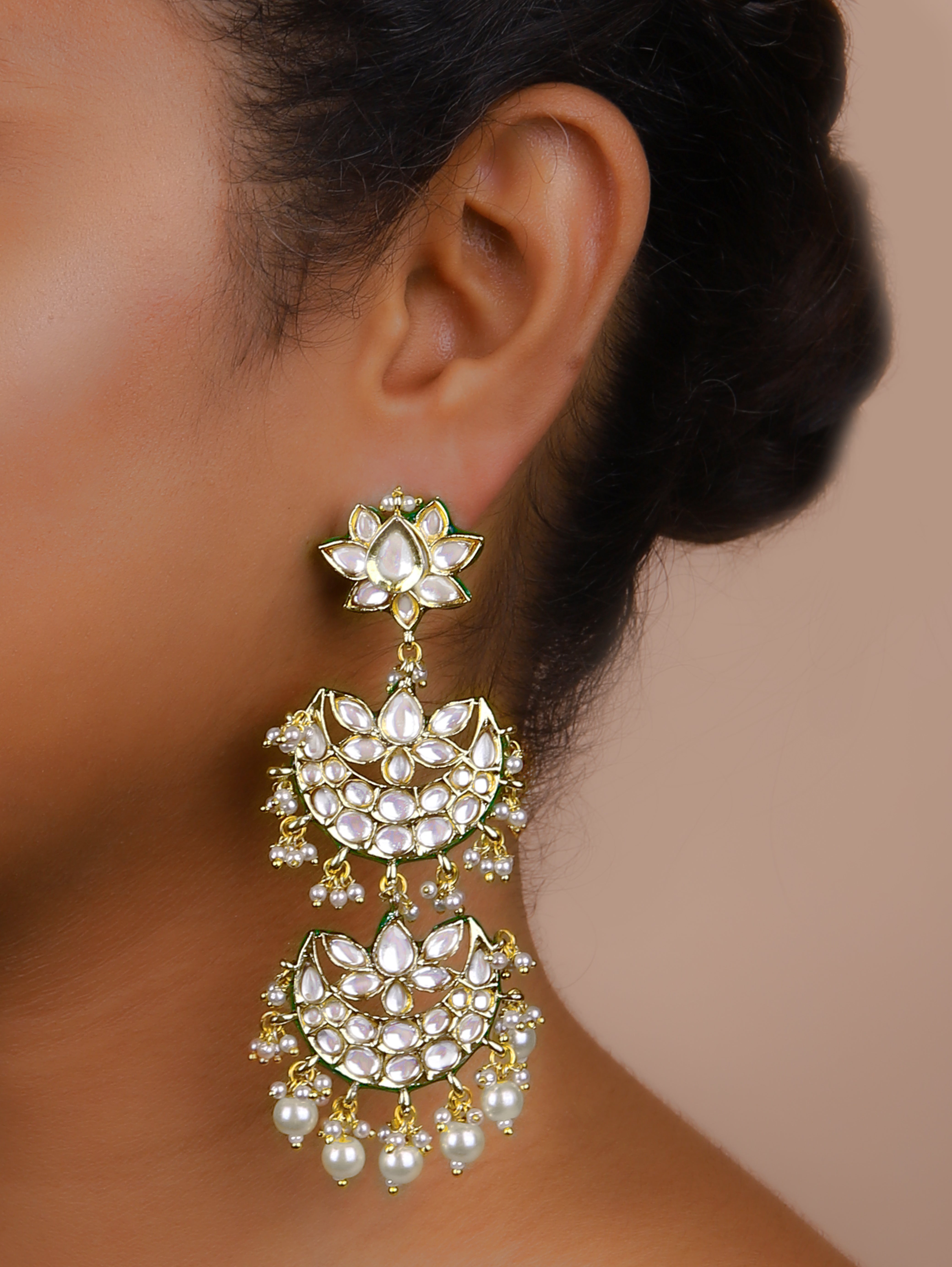 Gold Finish Kundan Polki Pearl Chand Bali