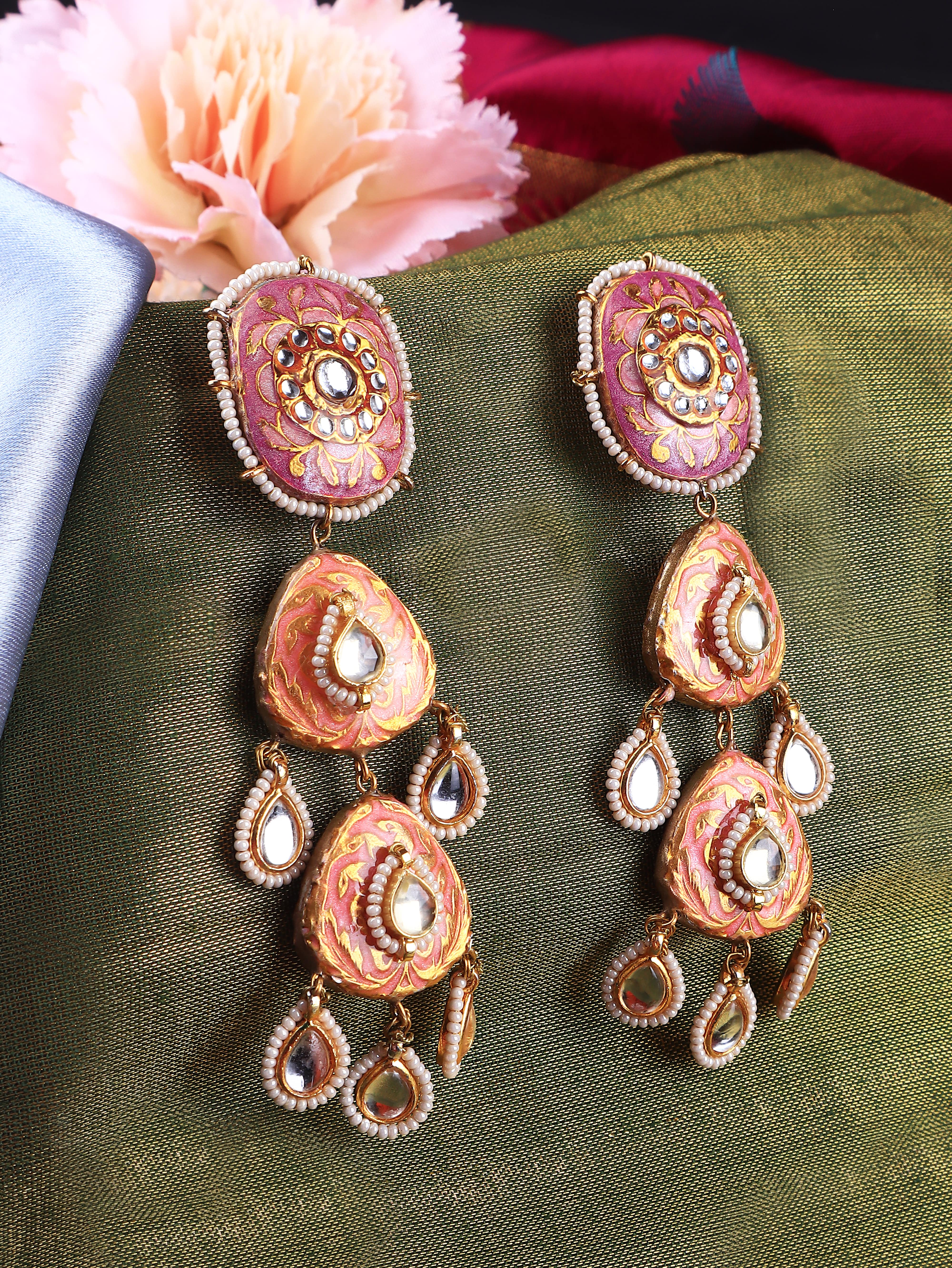 Gold Finish Kundan Polki   Pink Meenkari