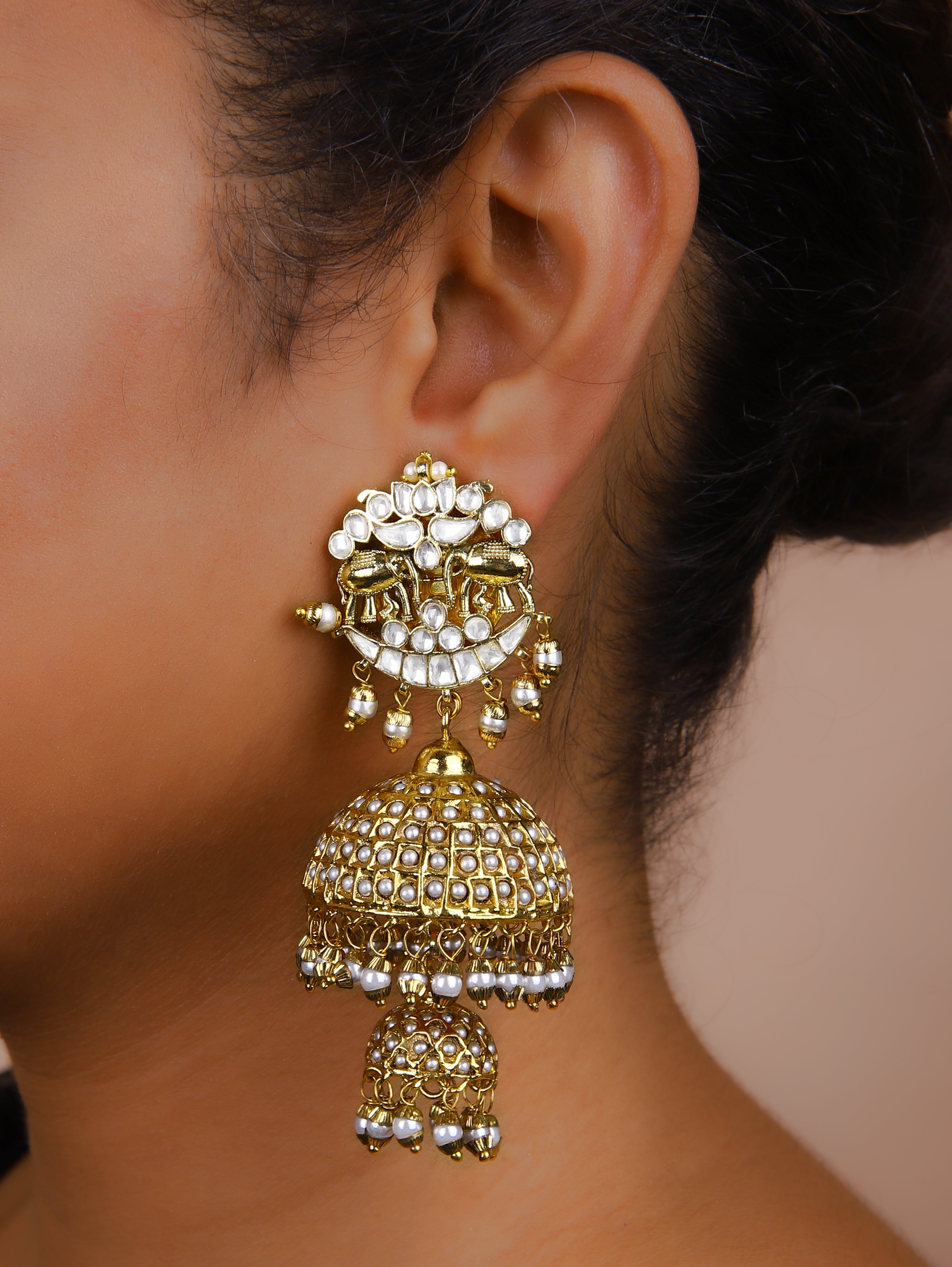 Gold Finish Kundan Jhumka
