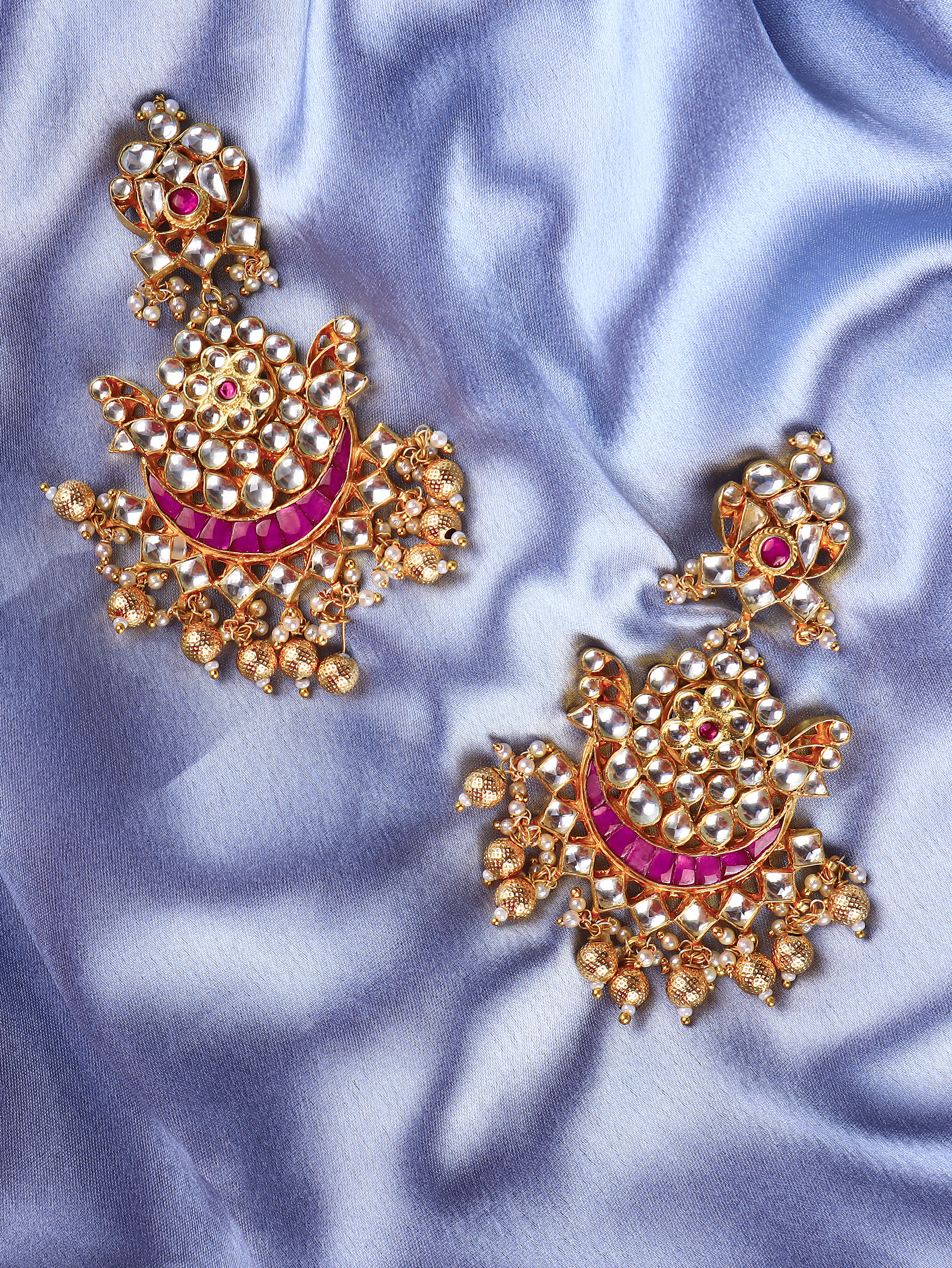 Gold Finish Kundan Polki  Pink  Chand Bali