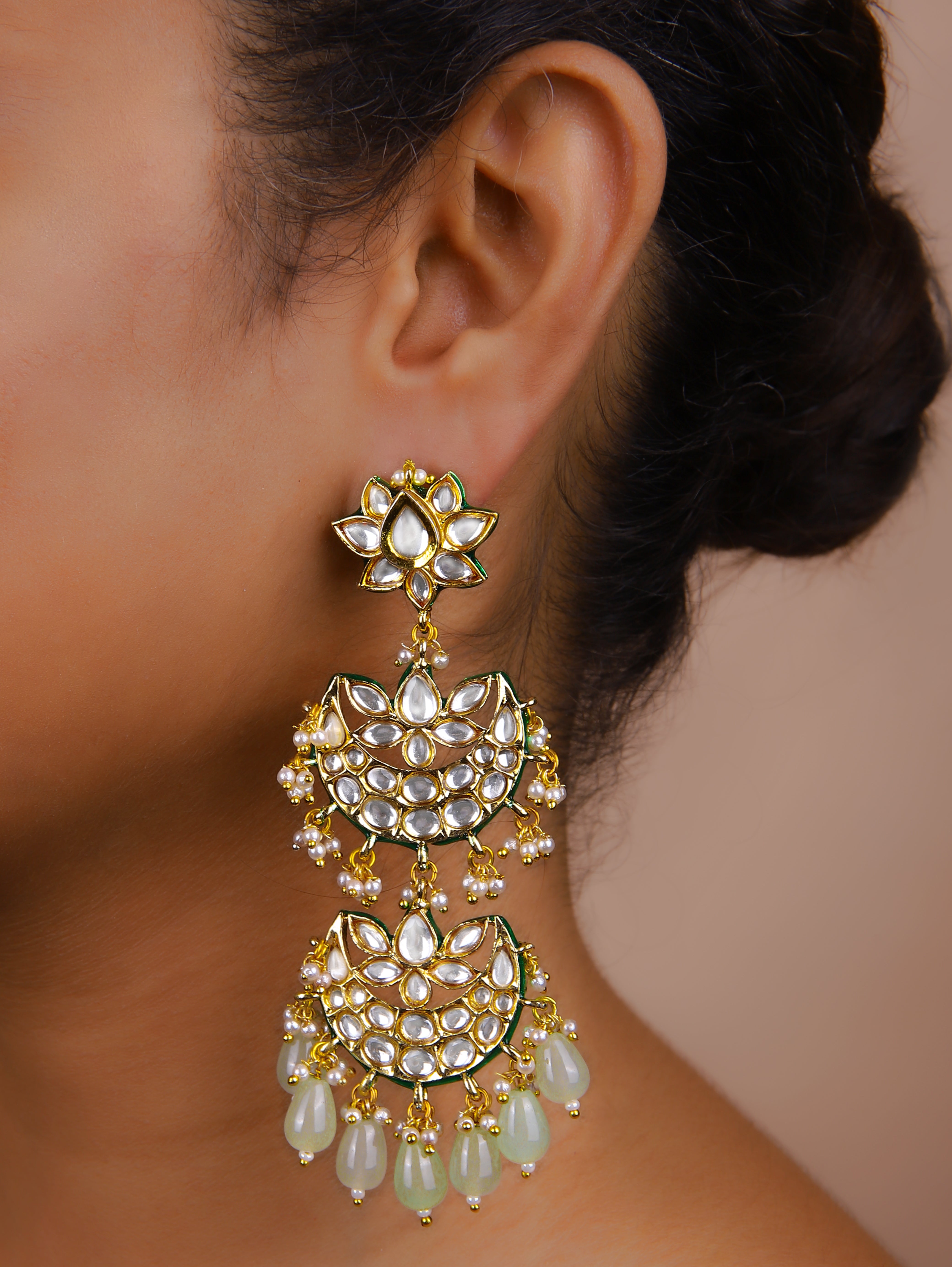 Gold Finish Kundan Polki Mint Green Chand Bali