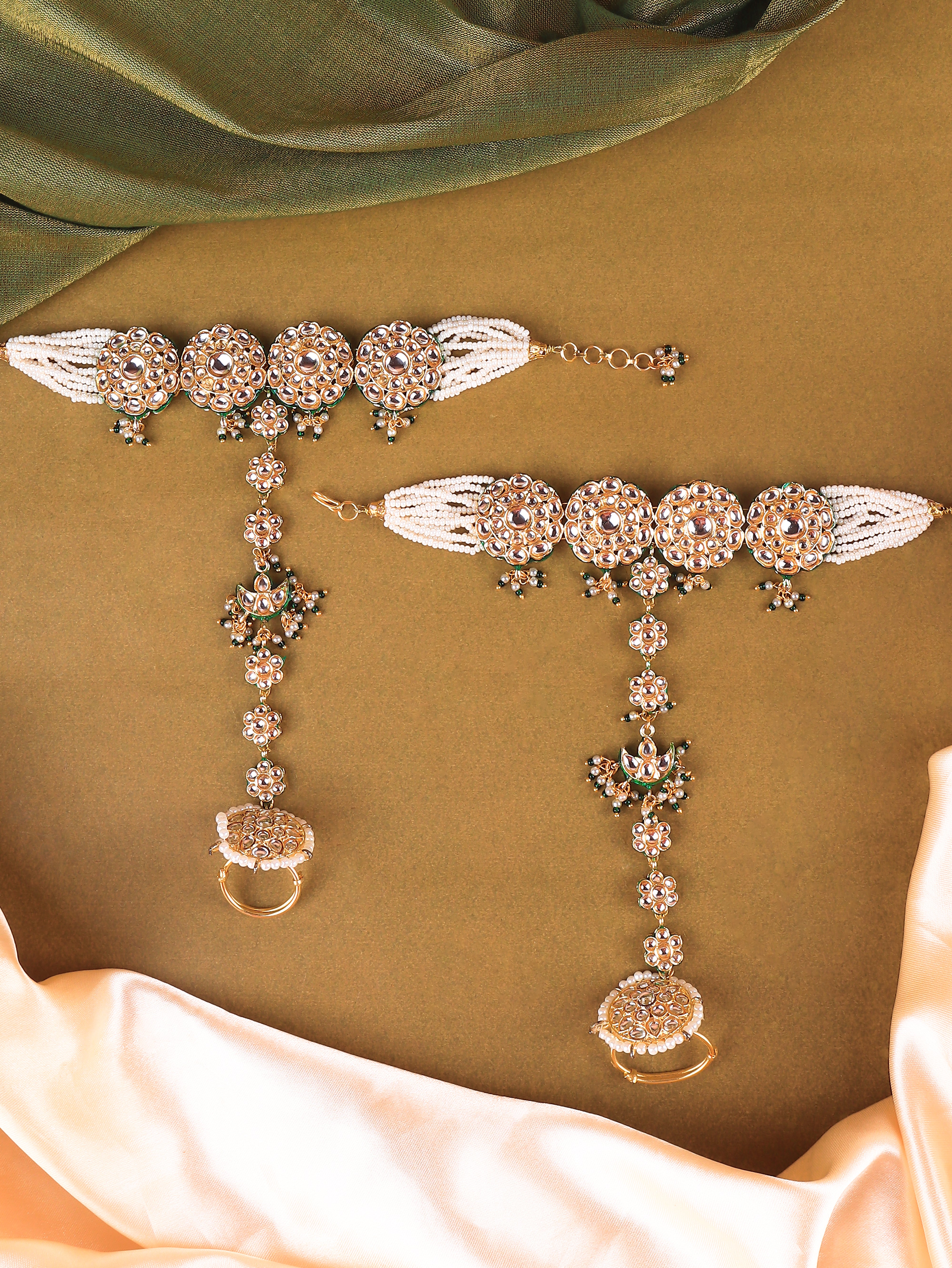 Gold Finish Kundan  Polki & Pearl Adjustabla Hathphools Pair  2
