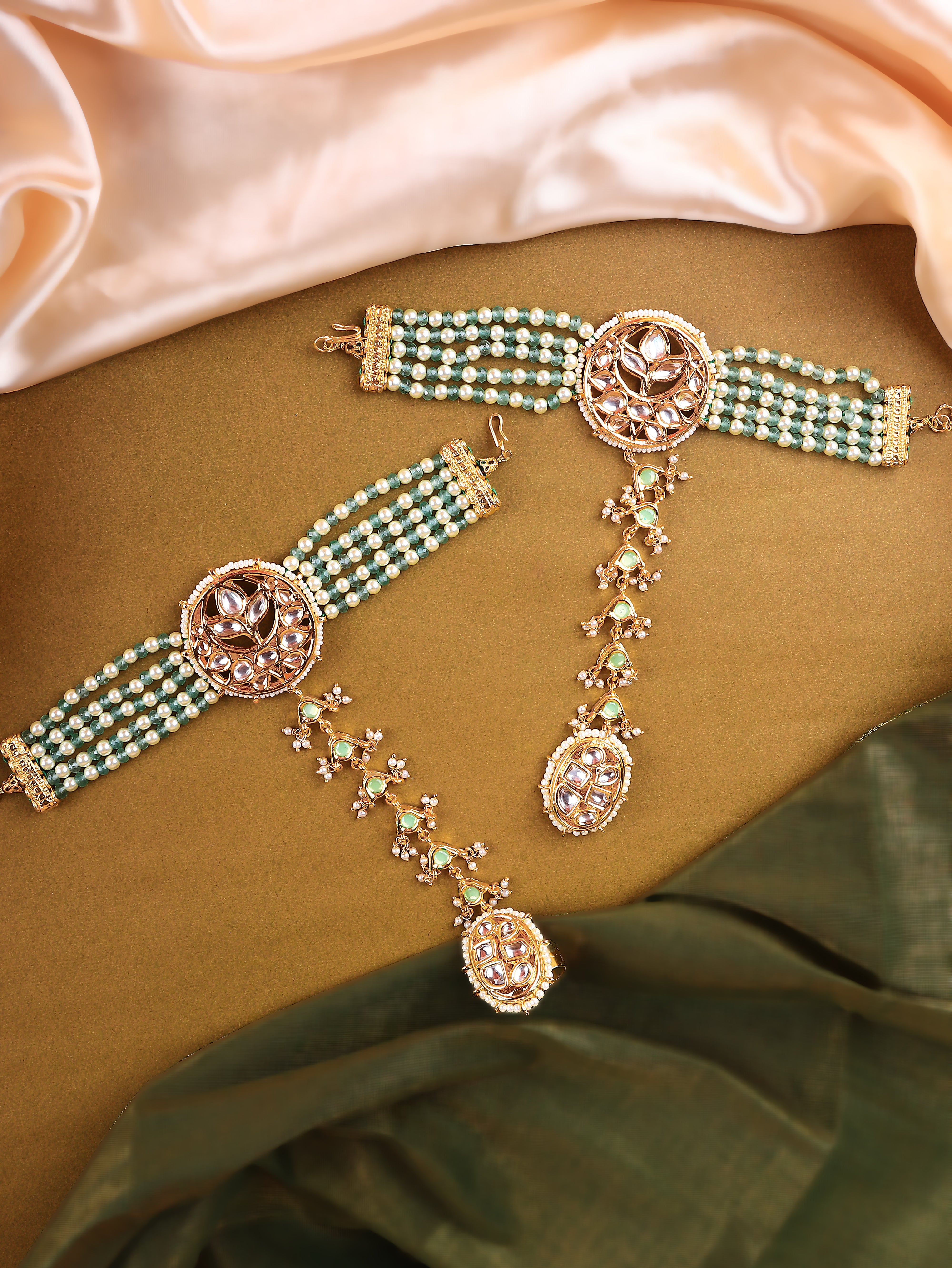 Gold Finish Kundan  Polki & Pearl Adjustabla Hathphools Pair  1