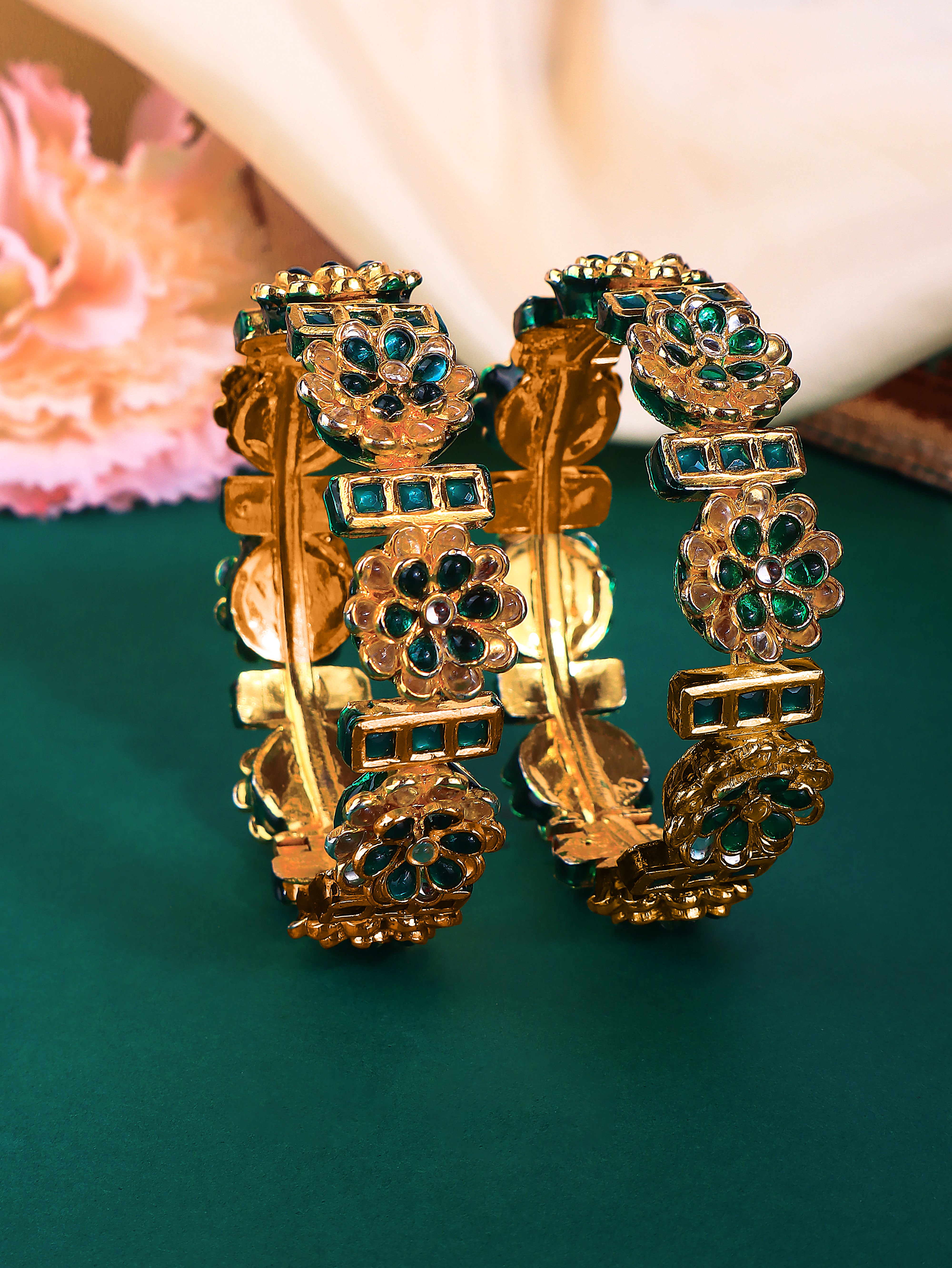Gold Finish Kundan  Polki &  Small Pearl Openabal Bangle 1