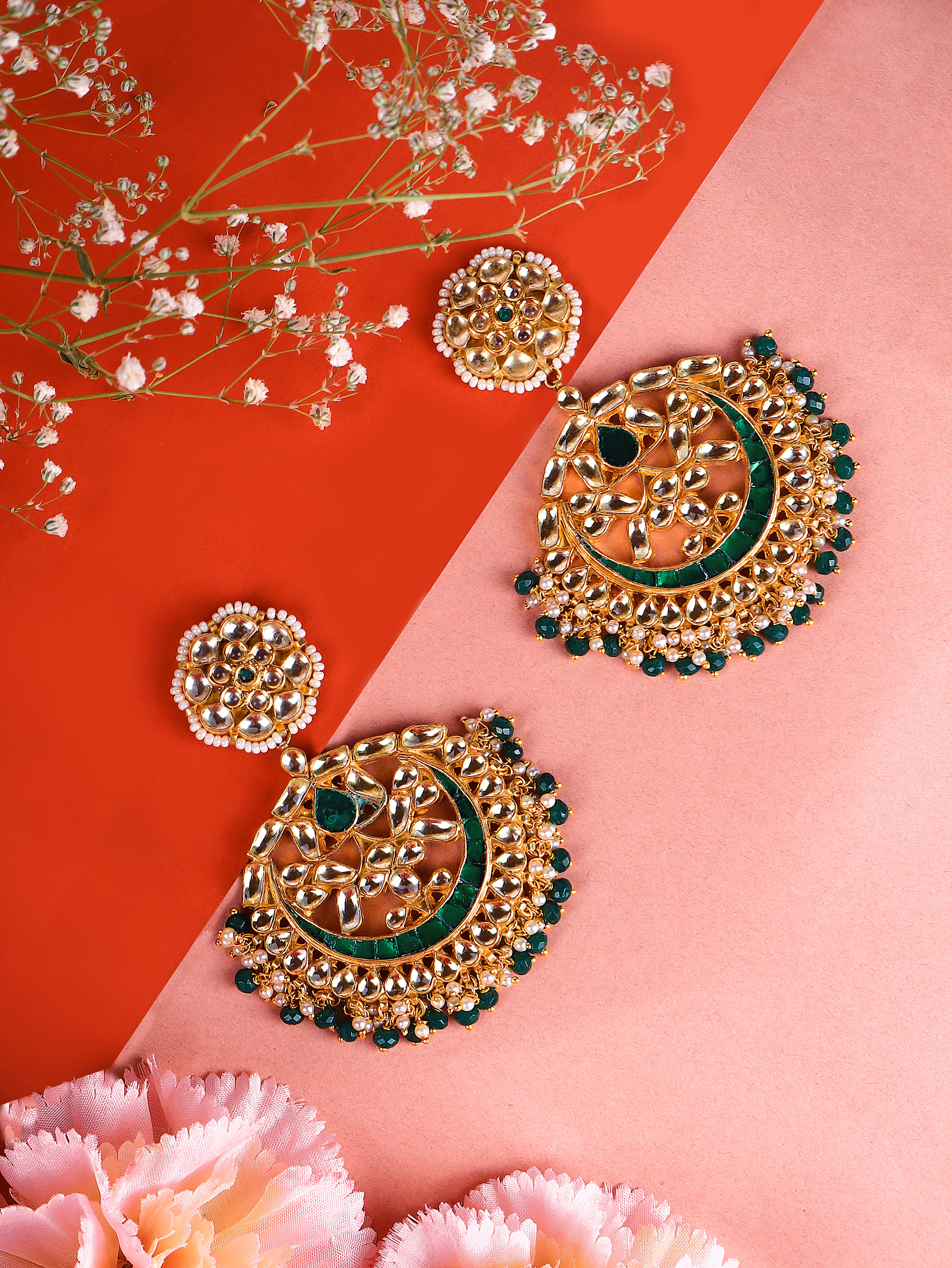 Gold Finish Kundan Polki  Green   Chand Bali